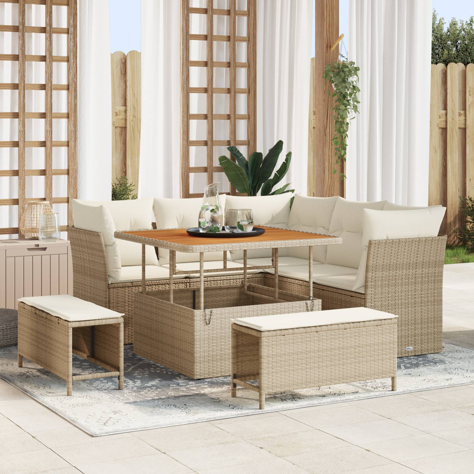 vidaXL 8-teilige Garten Sofagarnitur mit Kissen Beige Poly Rattan Akazie