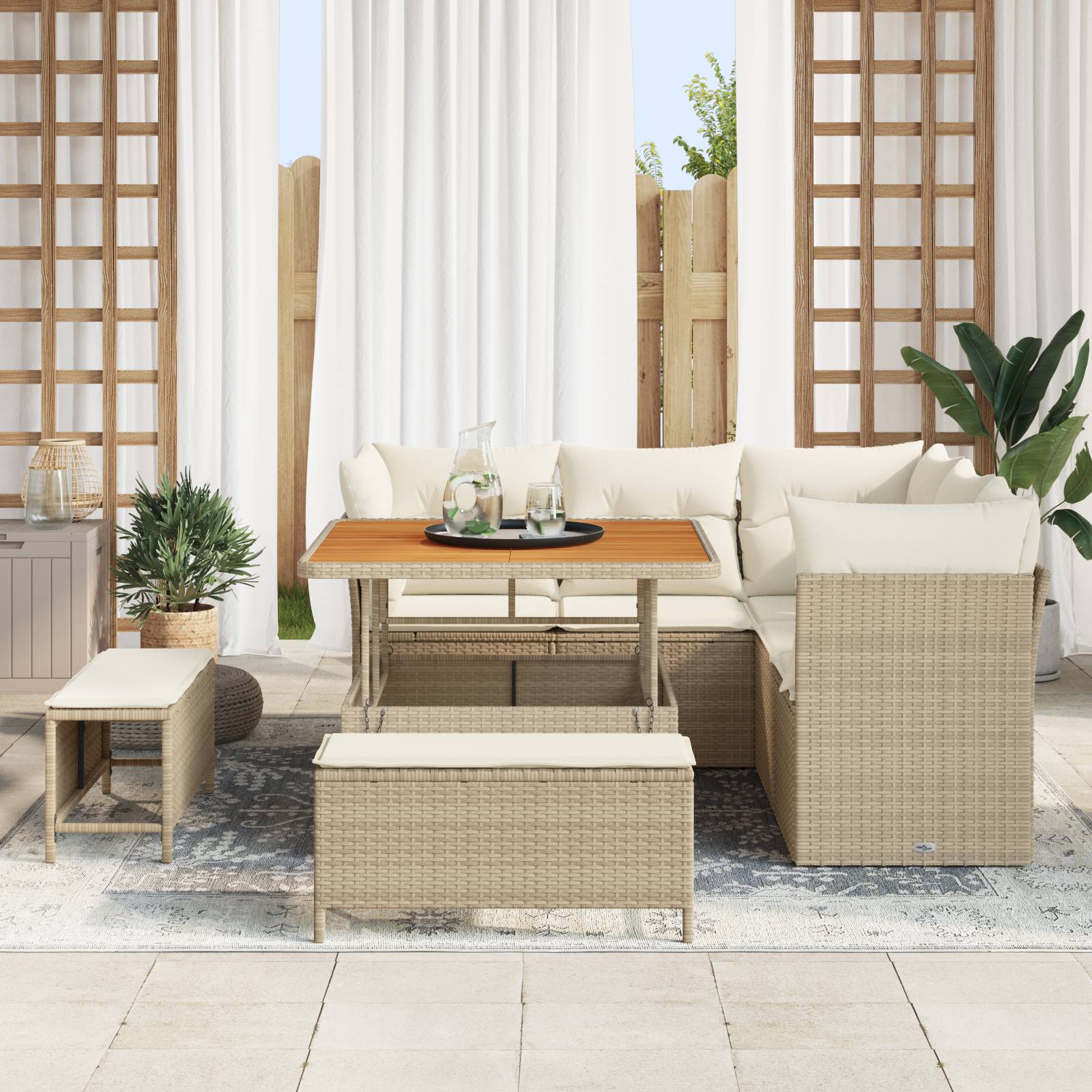vidaXL 8-teilige Garten Sofagarnitur mit Kissen Beige Poly Rattan Akazie