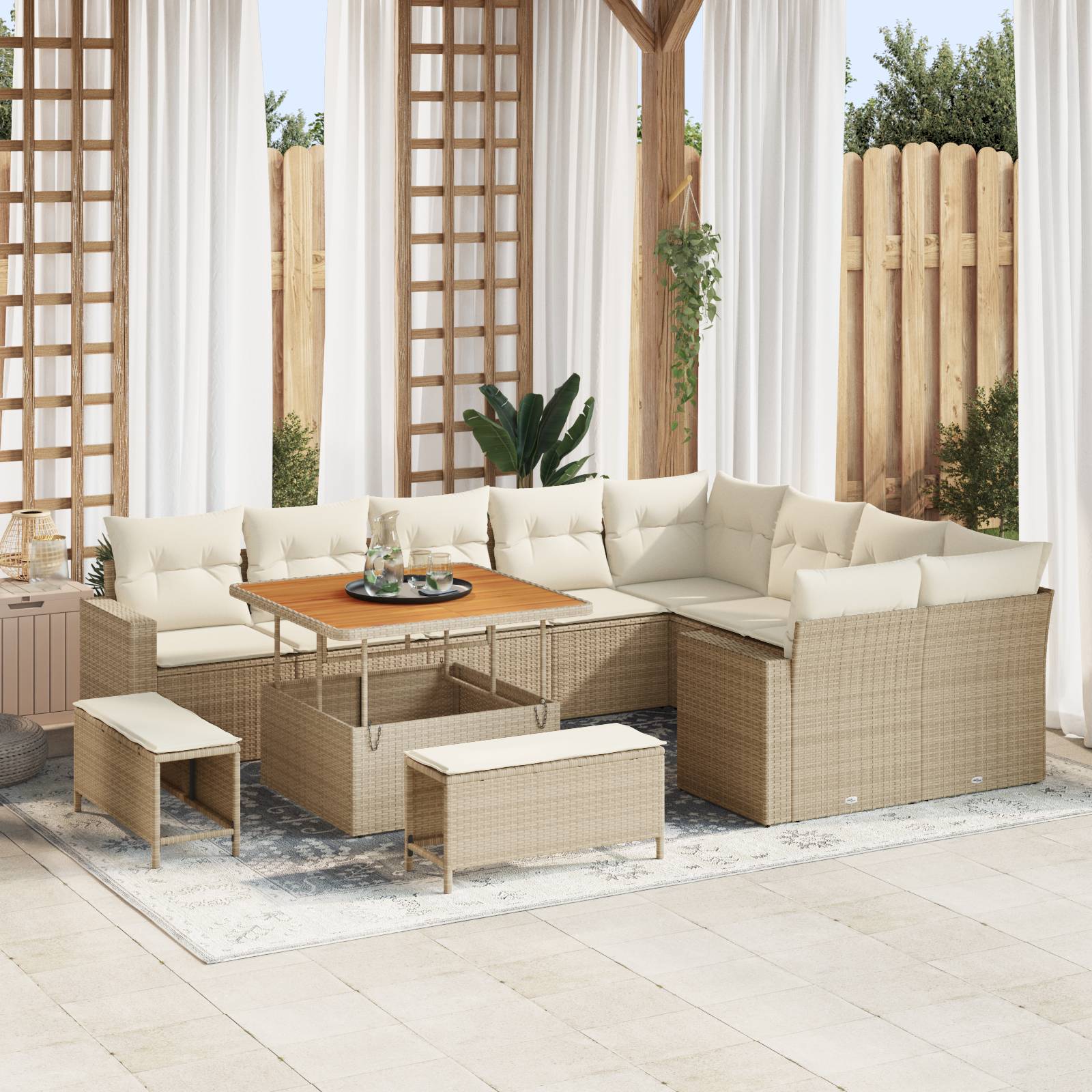 vidaXL 12-teiliges Garten-Sofa-Set mit Kissen Beige Poly Rattan Akazie