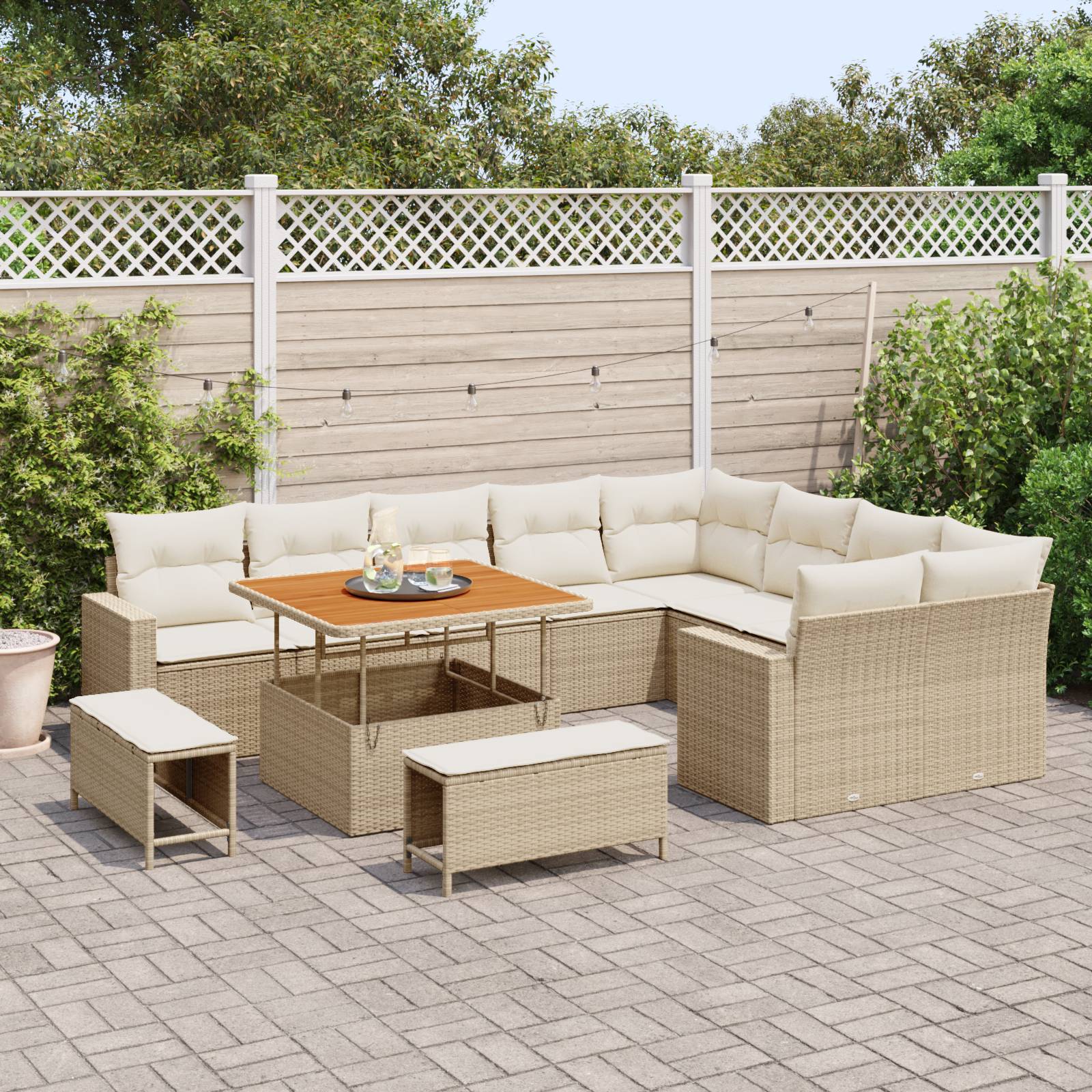 vidaXL 12-teiliges Garten-Sofa-Set mit Kissen Beige Poly Rattan Akazie