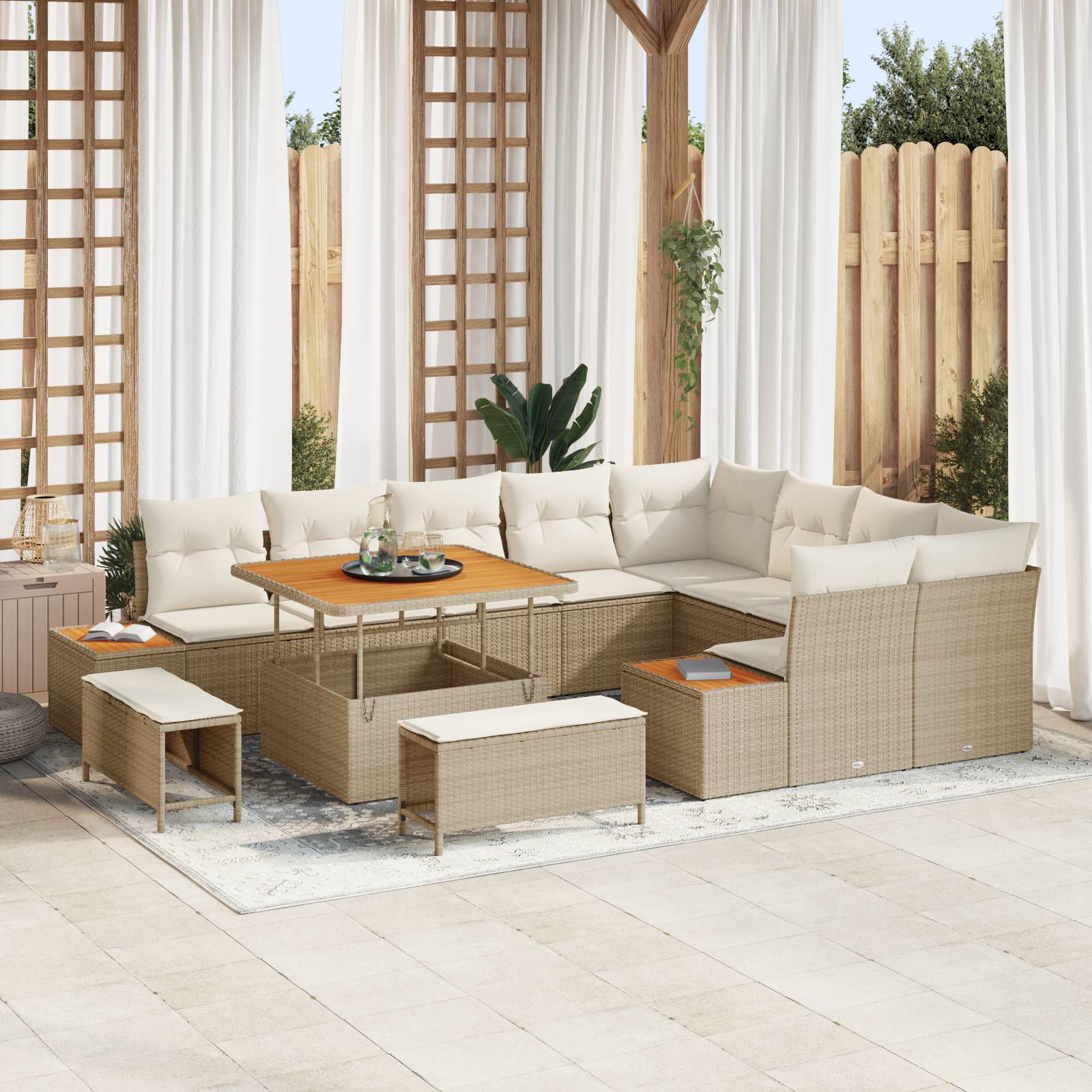 vidaXL 12-teiliges Garten Sofa Set mit Kissen Beige Poly Rattan Akazie