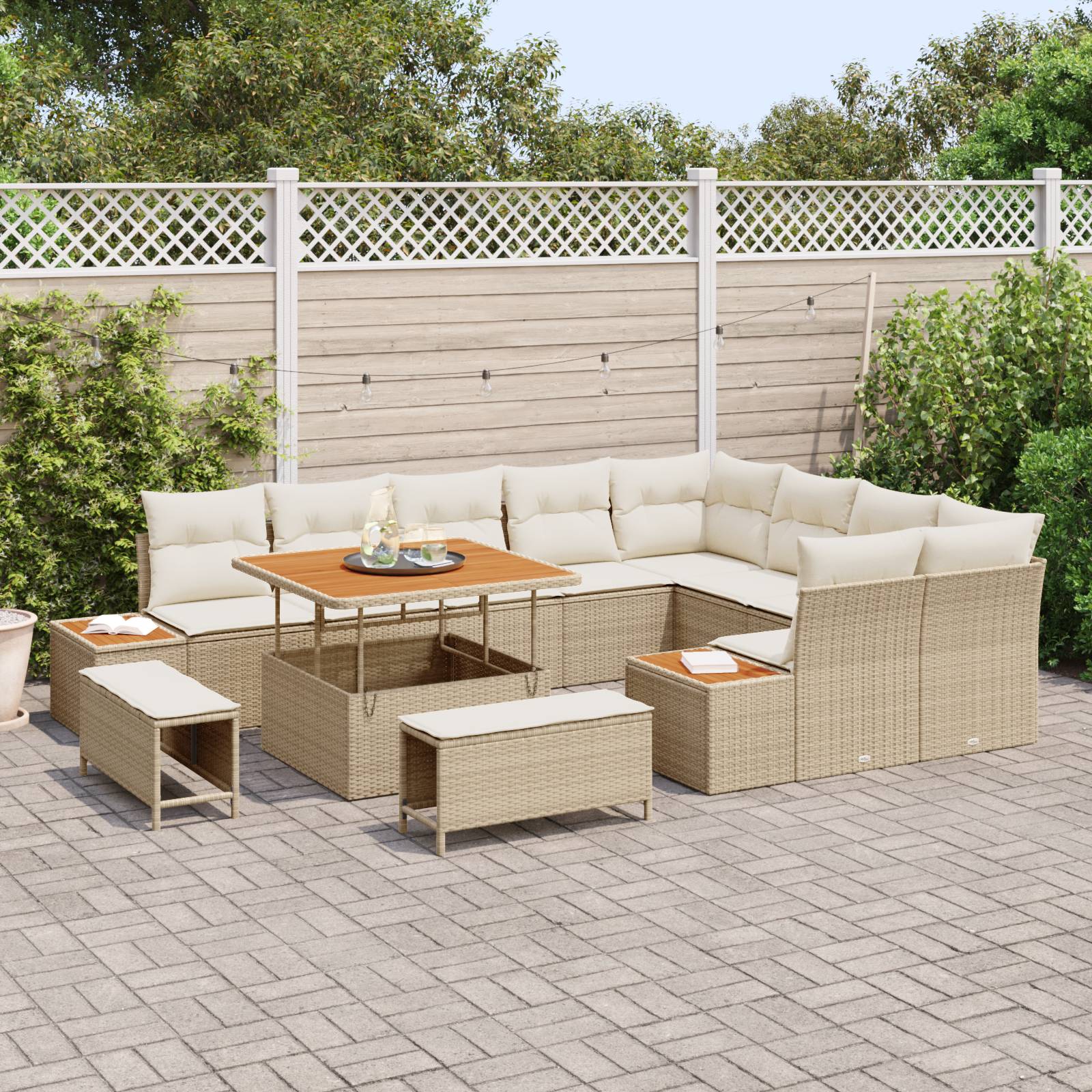 vidaXL 12-teiliges Garten Sofa Set mit Kissen Beige Poly Rattan Akazie