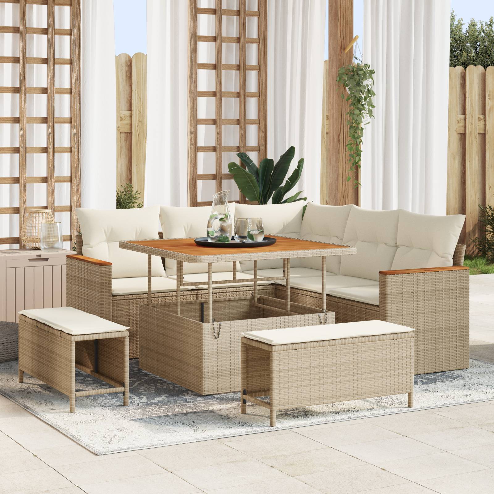 vidaXL 8-tlg. Garten-Sofagarnitur mit Kissen Beige Poly Rattan Akazie