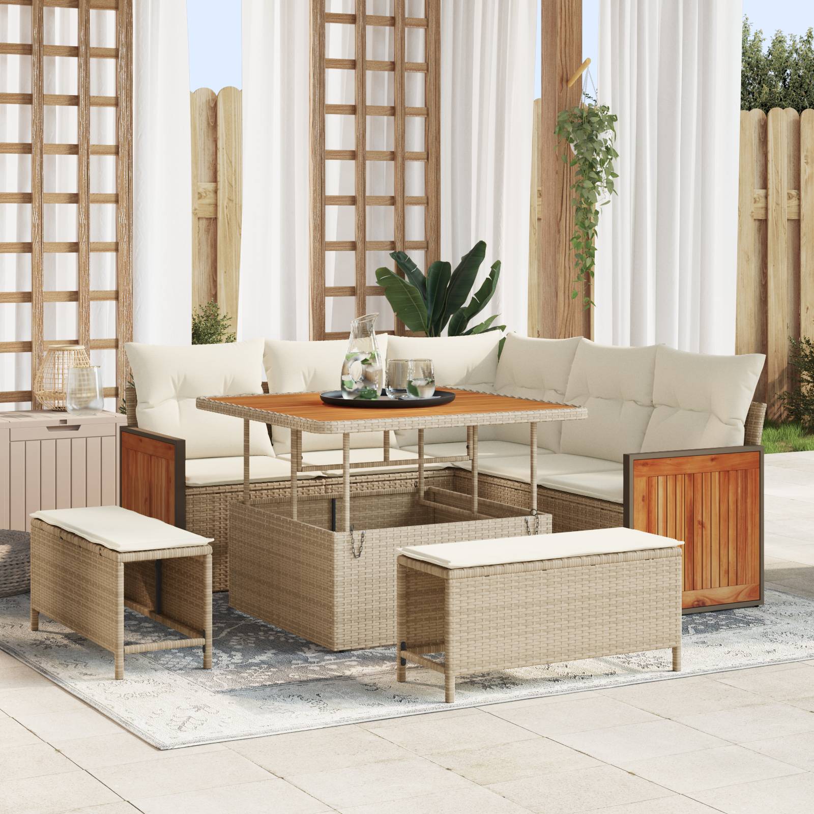 vidaXL 8-teiliges Garten Sofaset mit Kissen Beige Poly Rattan Akazie