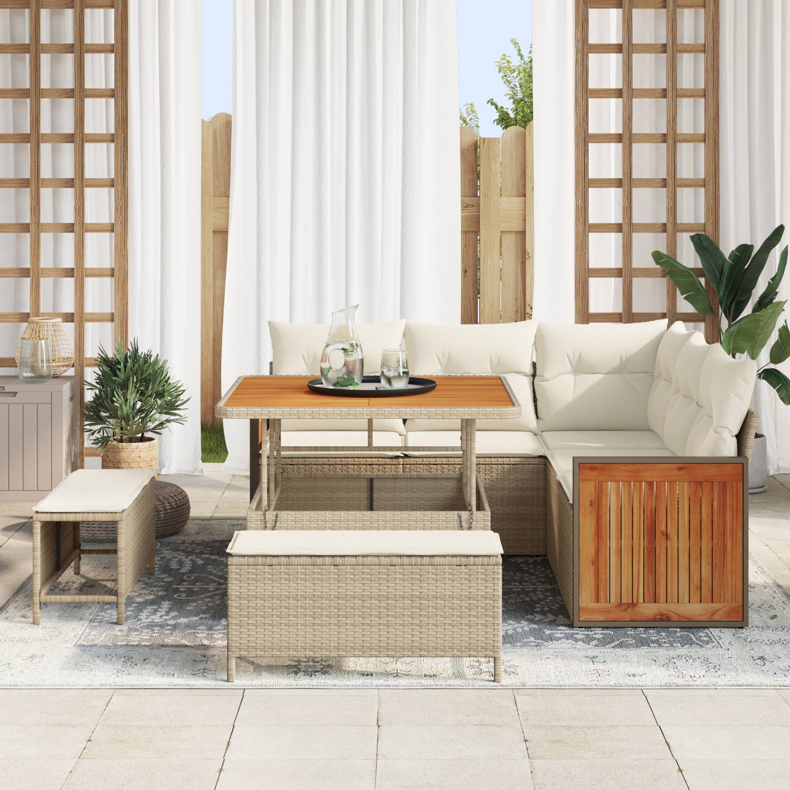 vidaXL 8-teiliges Garten Sofaset mit Kissen Beige Poly Rattan Akazie