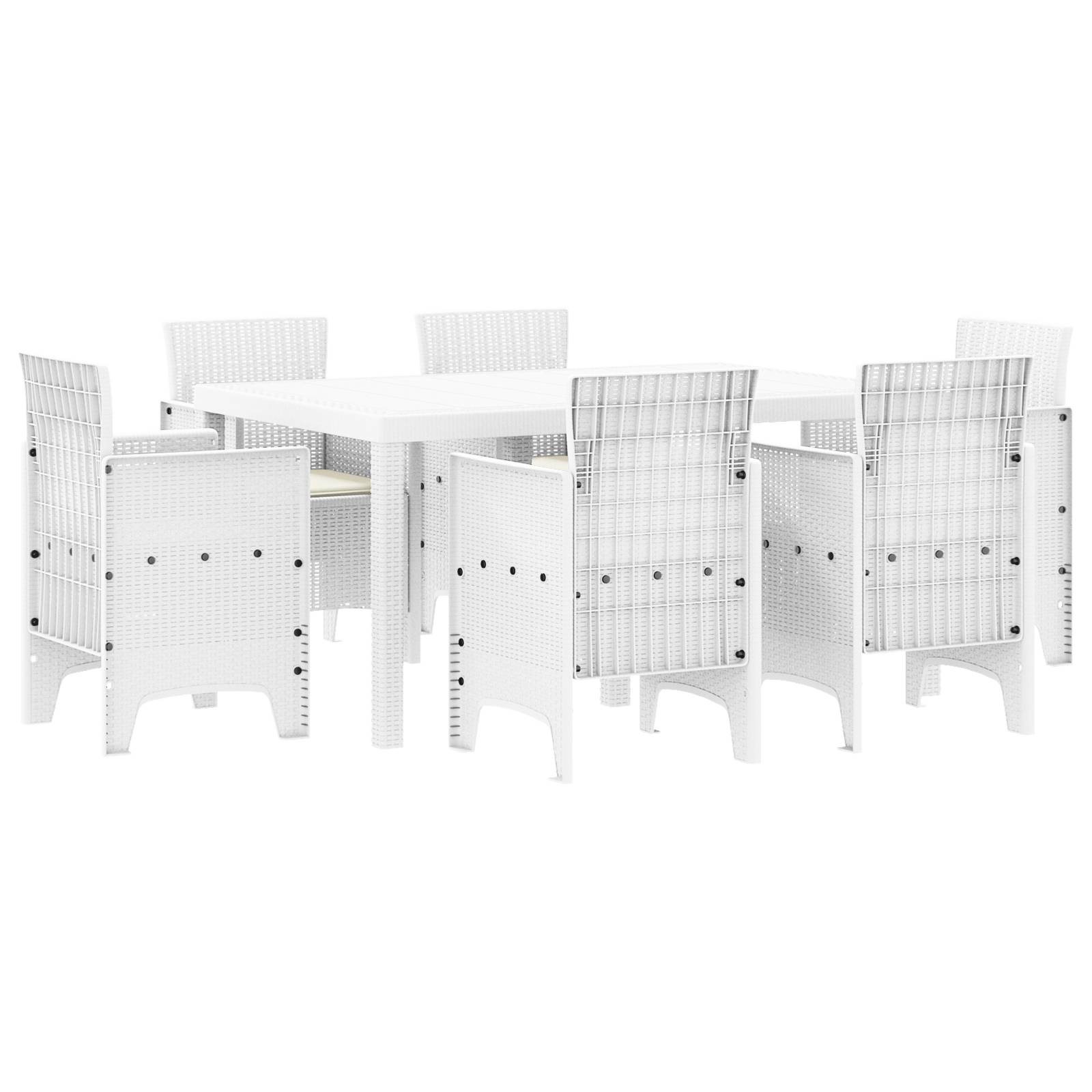 vidaXL 7-teiliges Garten-Esszimmer-Set mit Kissen Weiß Poly-Rattan