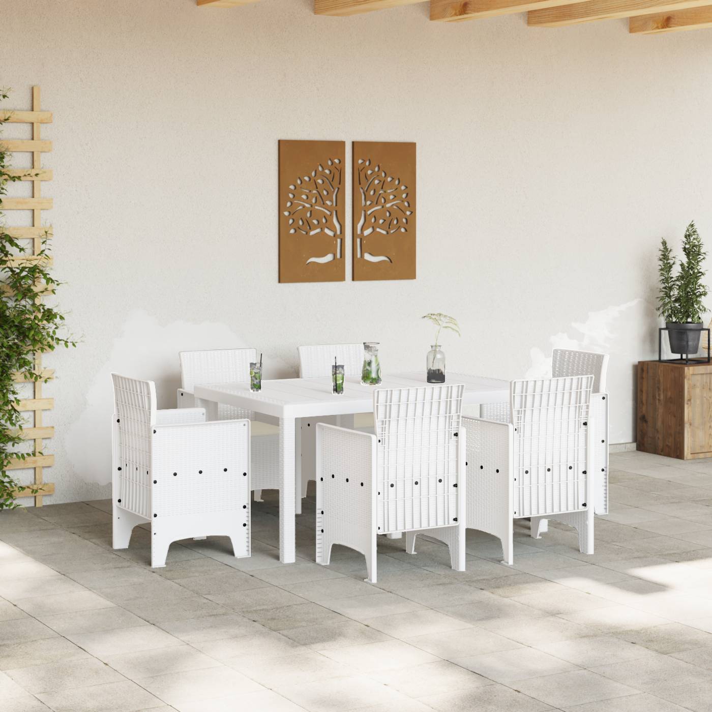 vidaXL 7-teiliges Garten-Esszimmer-Set mit Kissen Weiß Poly-Rattan