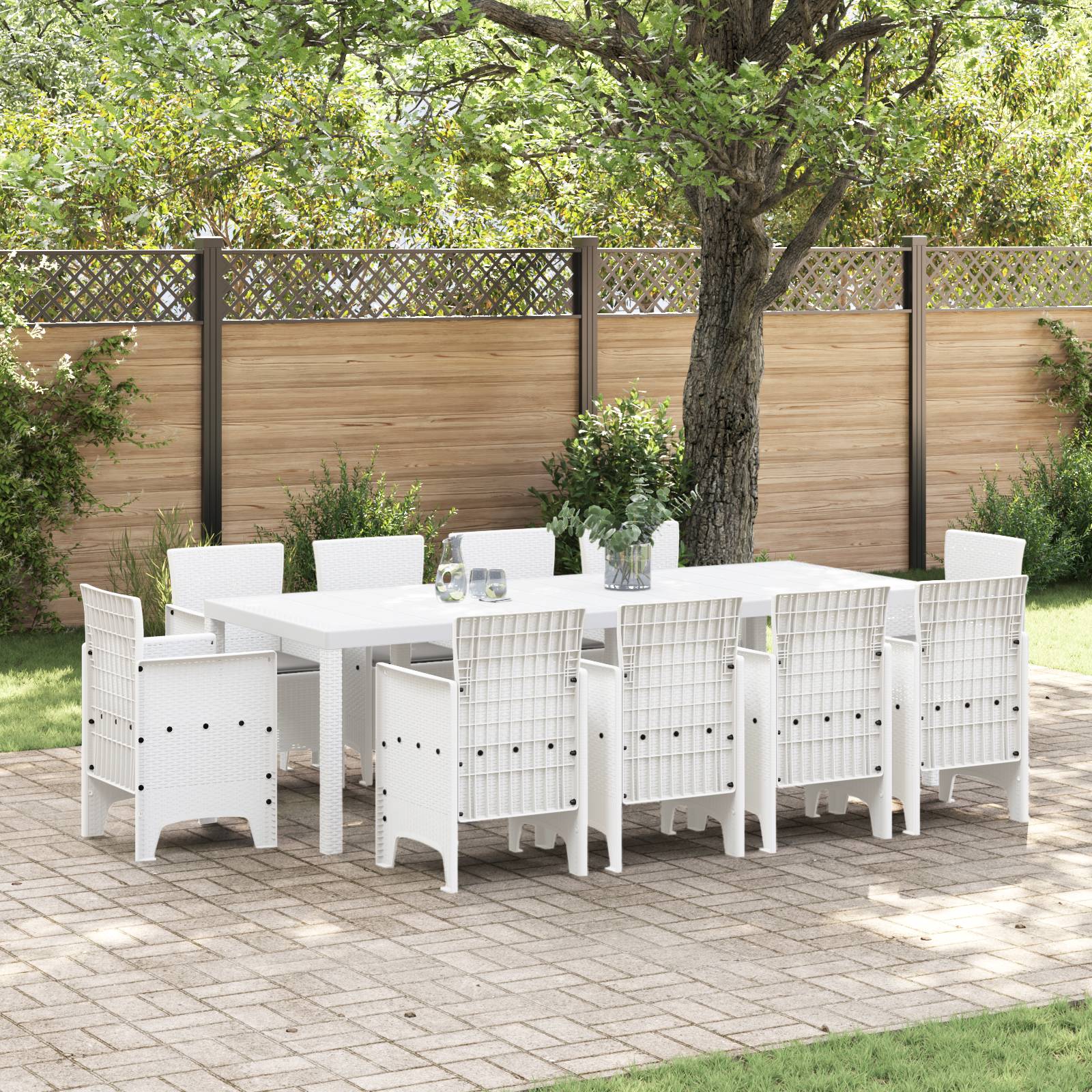 vidaXL 11-tlg. Garten-Essgruppe mit Kissen Weiß Poly Rattan