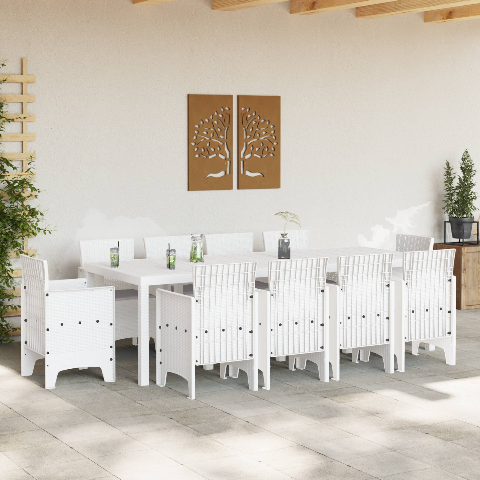 vidaXL 11-tlg. Garten-Essgruppe mit Kissen Weiß Poly Rattan