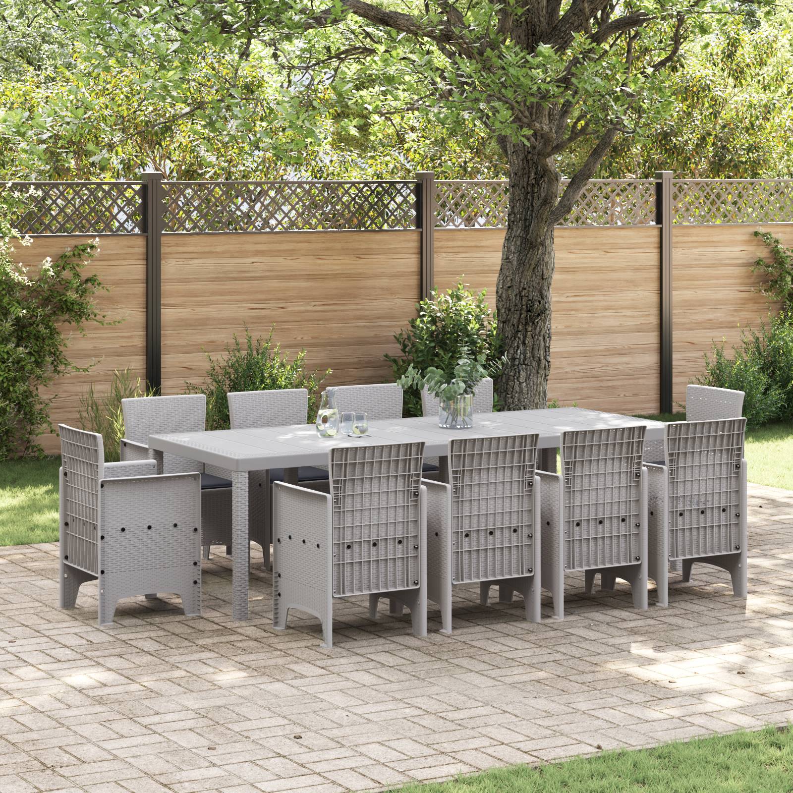 vidaXL 11-tlg. Garten-Essgruppe mit Kissen Hellgrau Poly Rattan