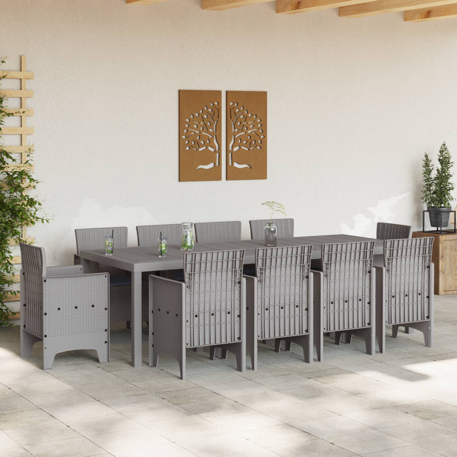 vidaXL 11-tlg. Garten-Essgruppe mit Kissen Hellgrau Poly Rattan