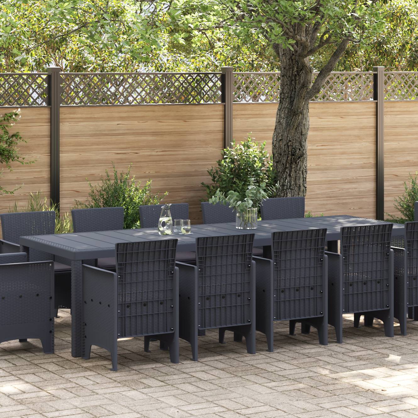 vidaXL 13-teiliges Garten Esstisch Set mit Kissen Anthrazit Poly-Rattan