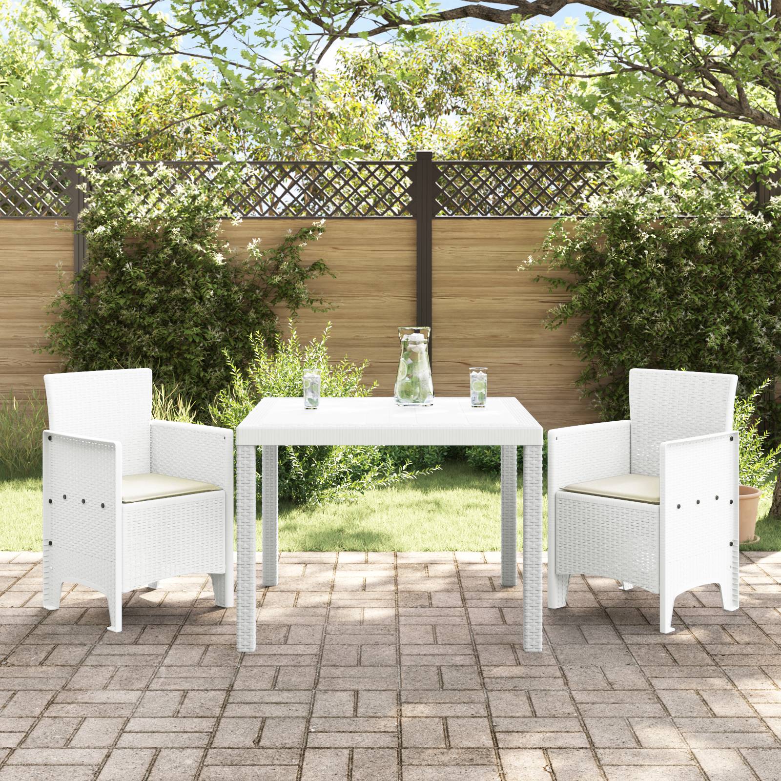 vidaXL 3-tlg. Garten-Essgruppe mit Kissen Weiß Poly Rattan