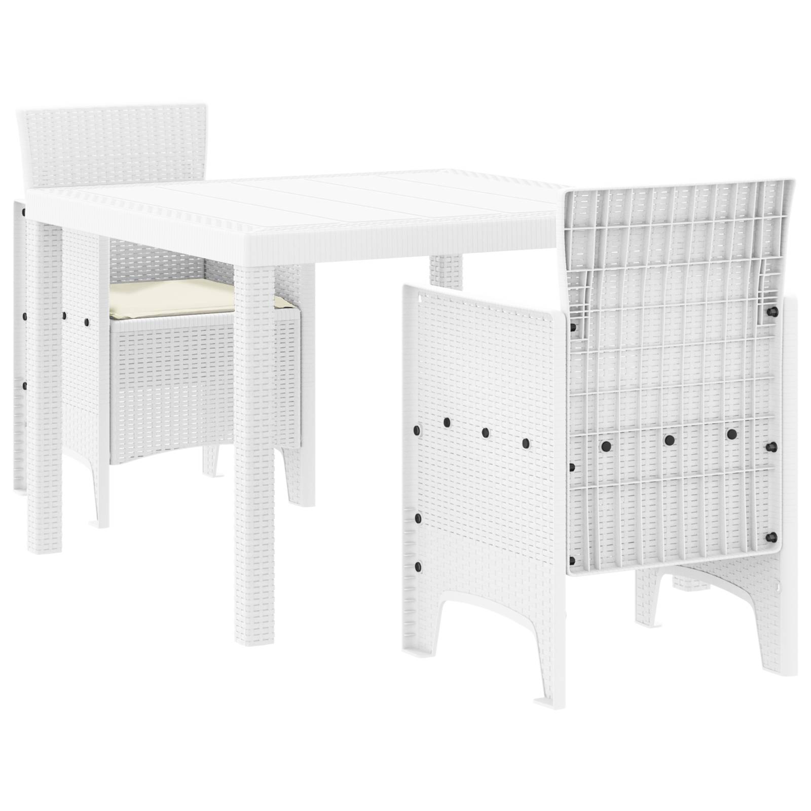 vidaXL 3-tlg. Garten-Essgruppe mit Kissen Weiß Poly Rattan