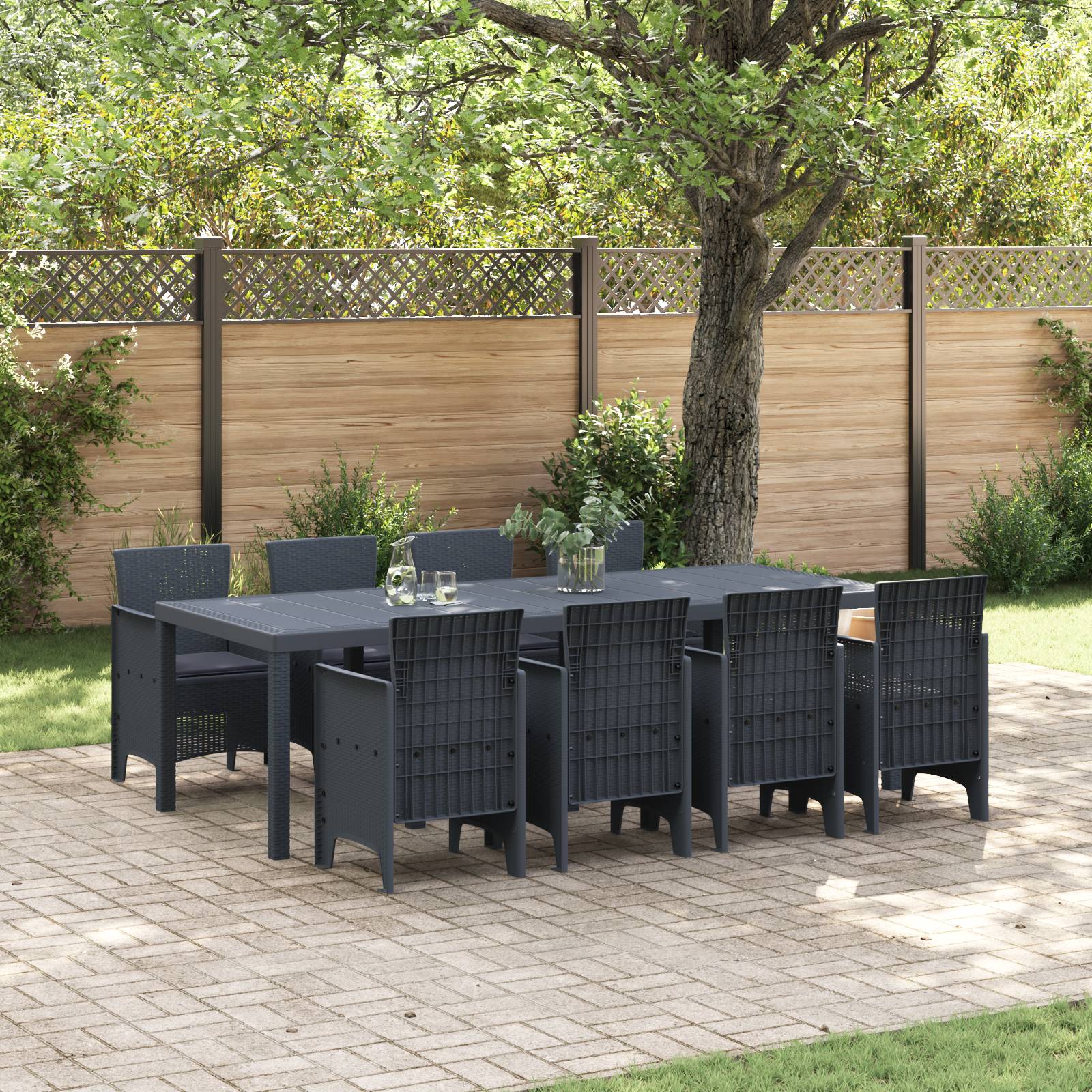 vidaXL 9-tlg. Garten-Essgruppe mit Kissen Anthrazit Poly Rattan