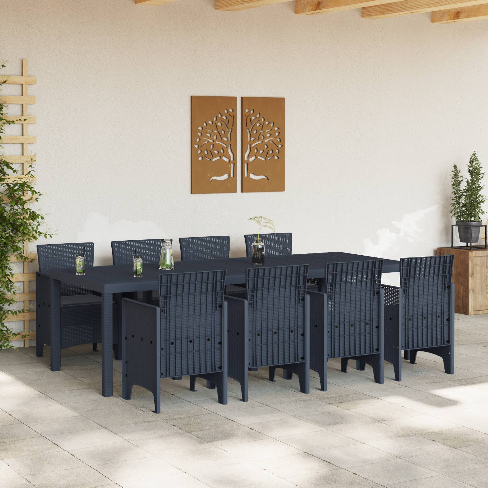 vidaXL 9-tlg. Garten-Essgruppe mit Kissen Anthrazit Poly Rattan