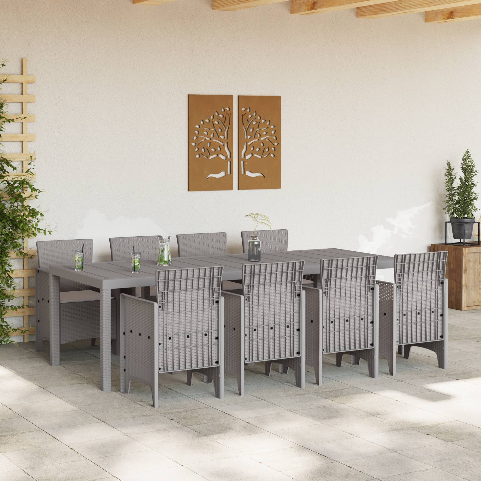 vidaXL 9-tlg. Garten-Essgruppe mit Kissen Weiß Poly Rattan