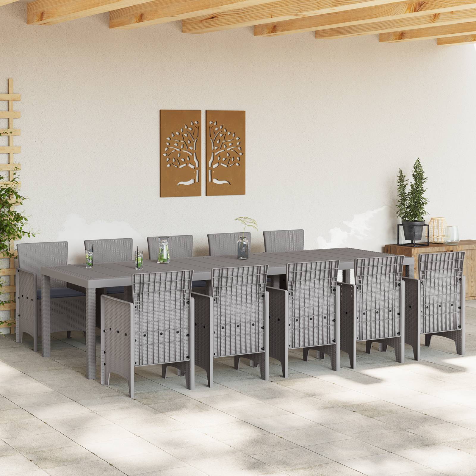 vidaXL 11-teiliges Garten Essgruppe mit Kissen Hellgrau Poly-Rattan