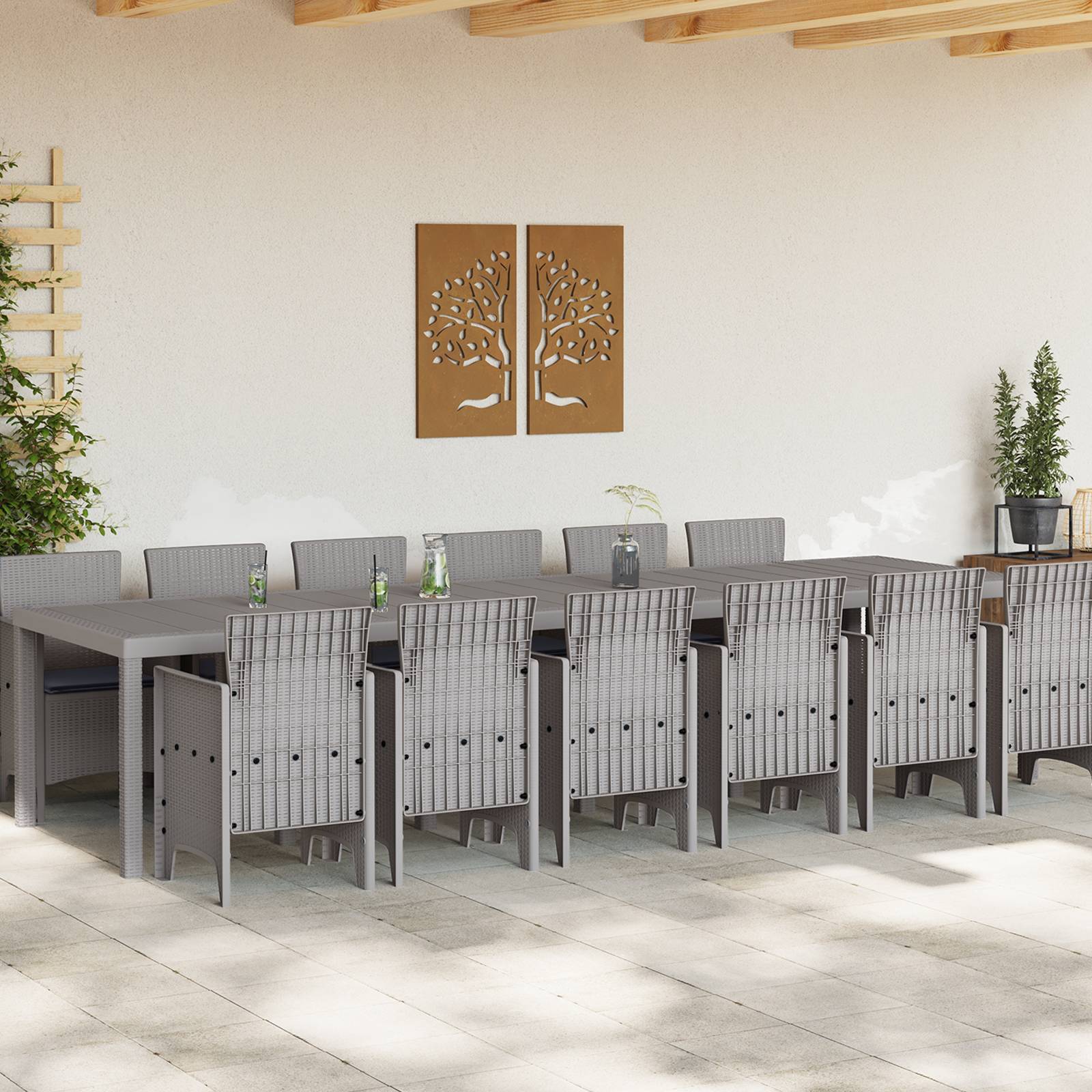 vidaXL 13-teiliges Garten Esszimmer Set mit Kissen Hellgraues Poly-Rattan