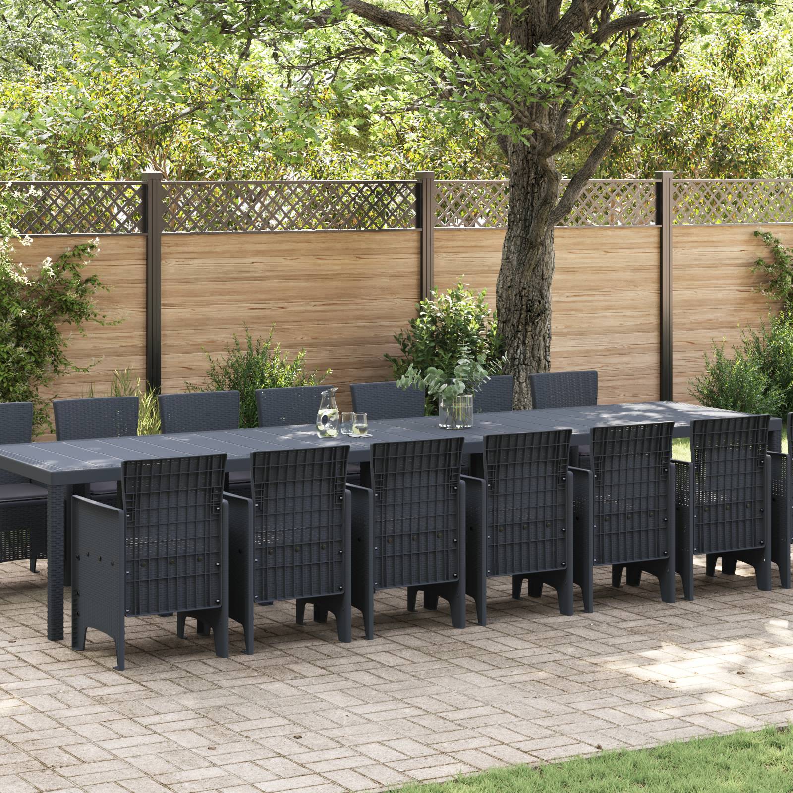 vidaXL 15-teiliges Garten-Essset mit Kissen Anthrazit Poly Rattan