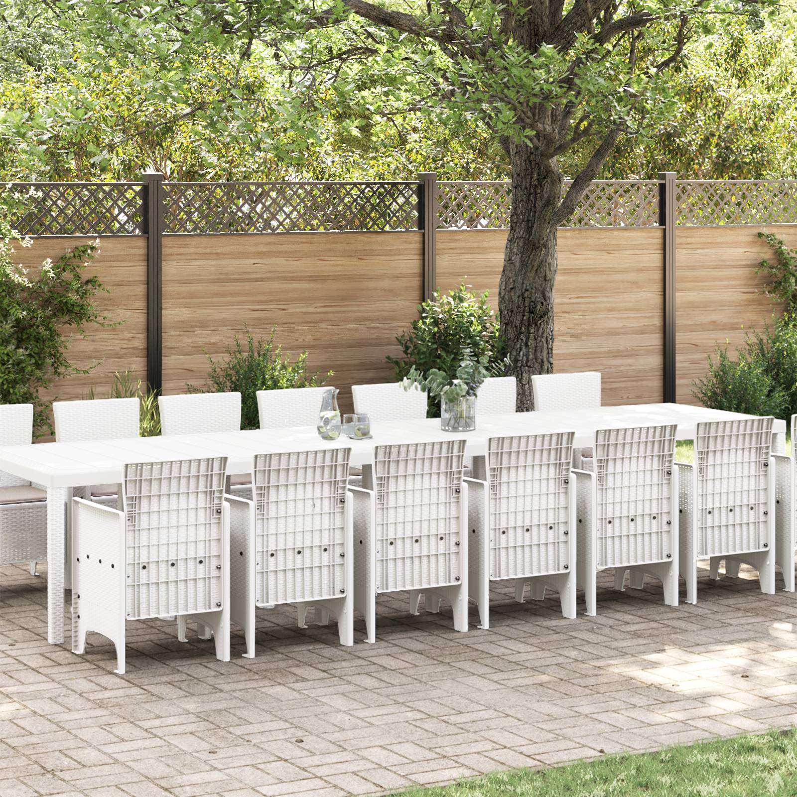 vidaXL 15-teilige Garten Essgruppe mit Polstern Weiß Poly Rattan