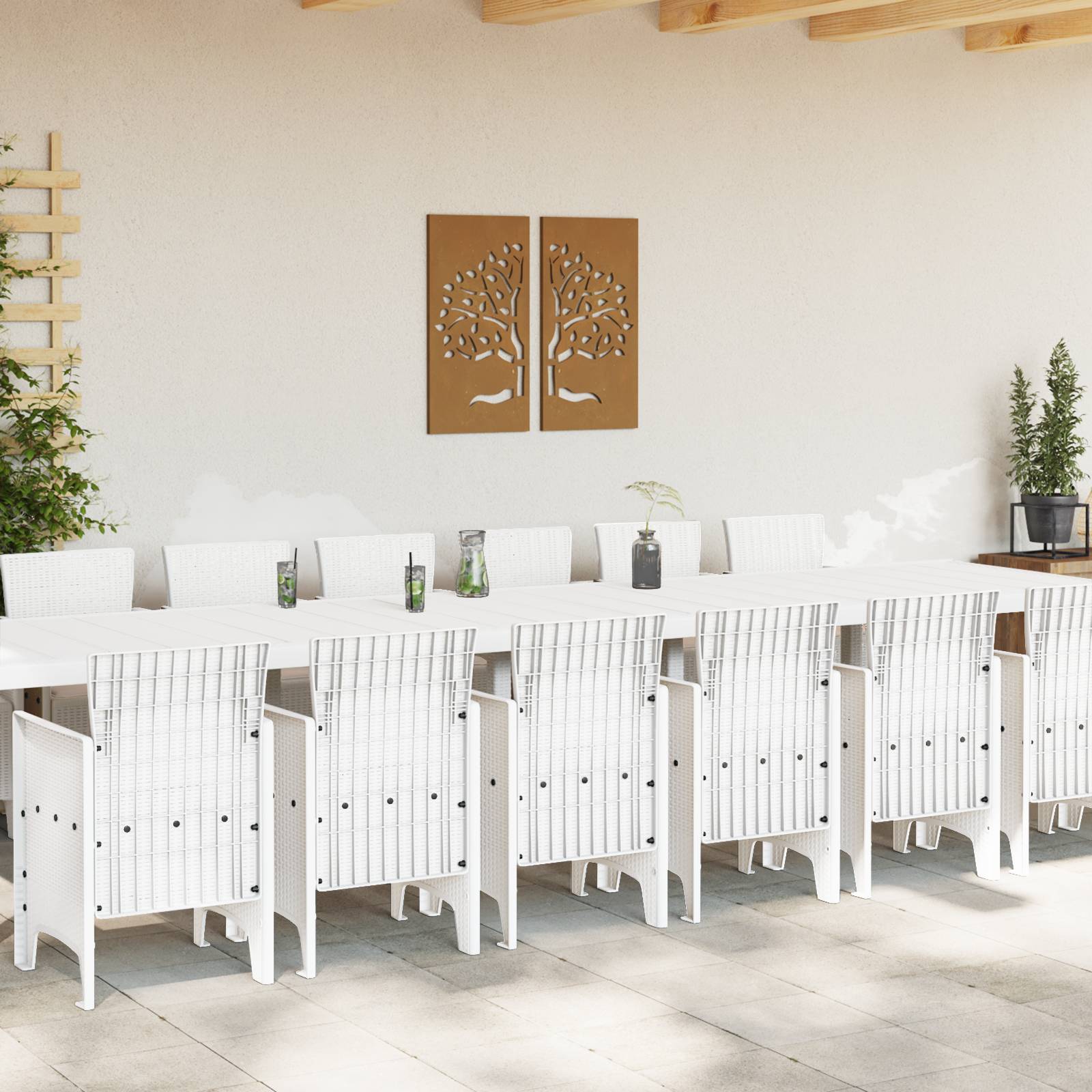 vidaXL 15-teilige Garten Essgruppe mit Polstern Weiß Poly Rattan