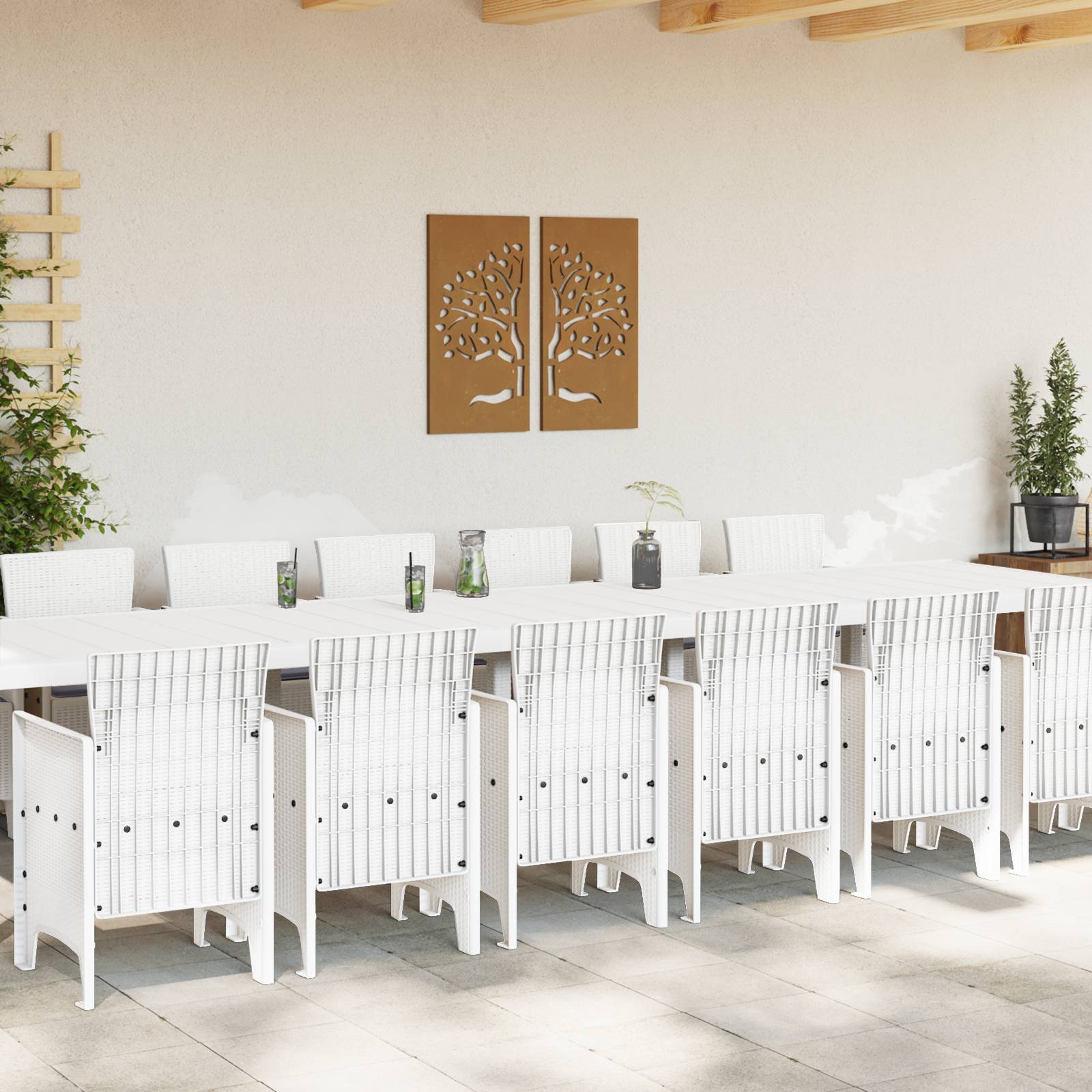 vidaXL 15-teilige Garten Essgruppe mit Kissen Weiß Poly Rattan