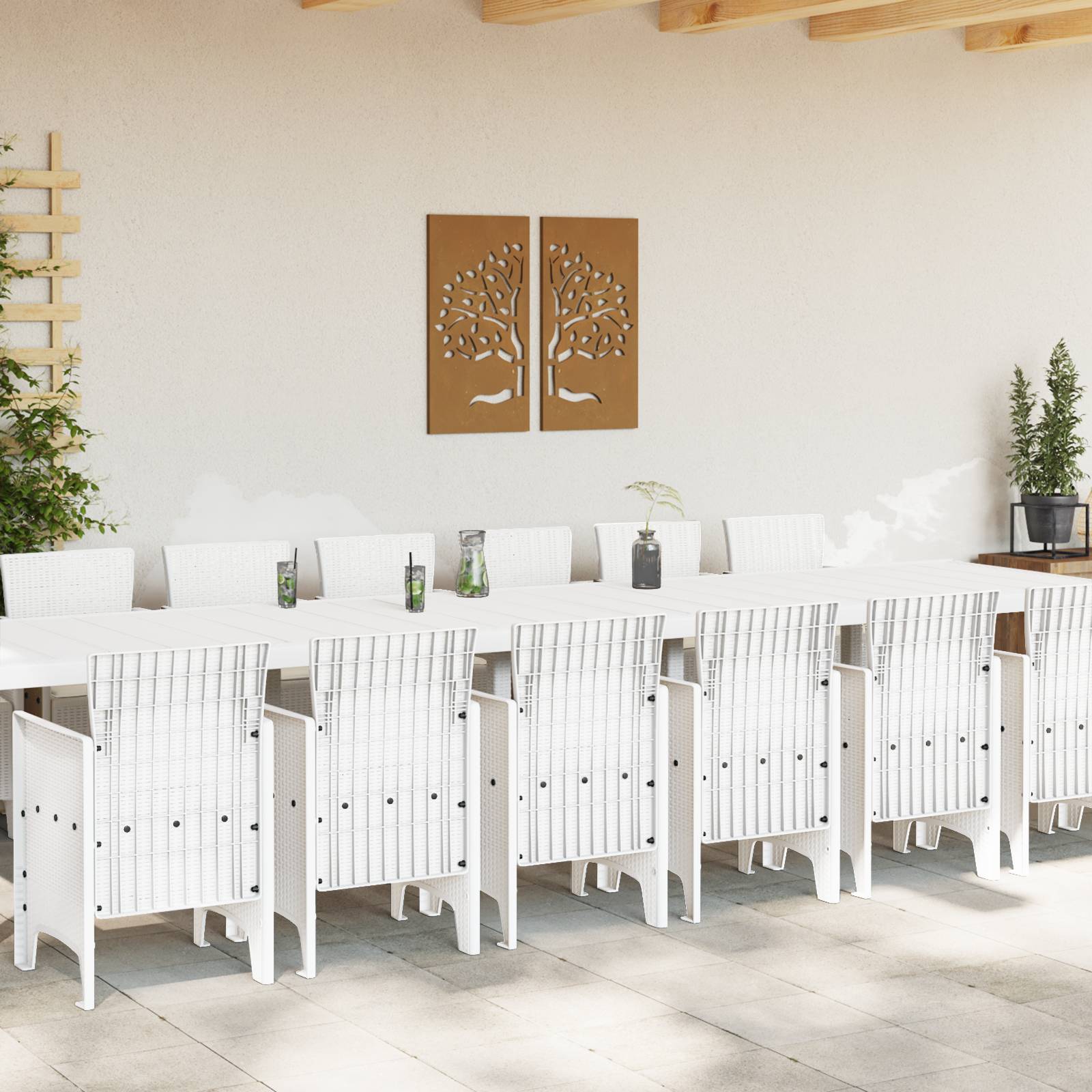 vidaXL 15-teiliges Garten Essgruppe mit Kissen Weiß Poly-Rattan