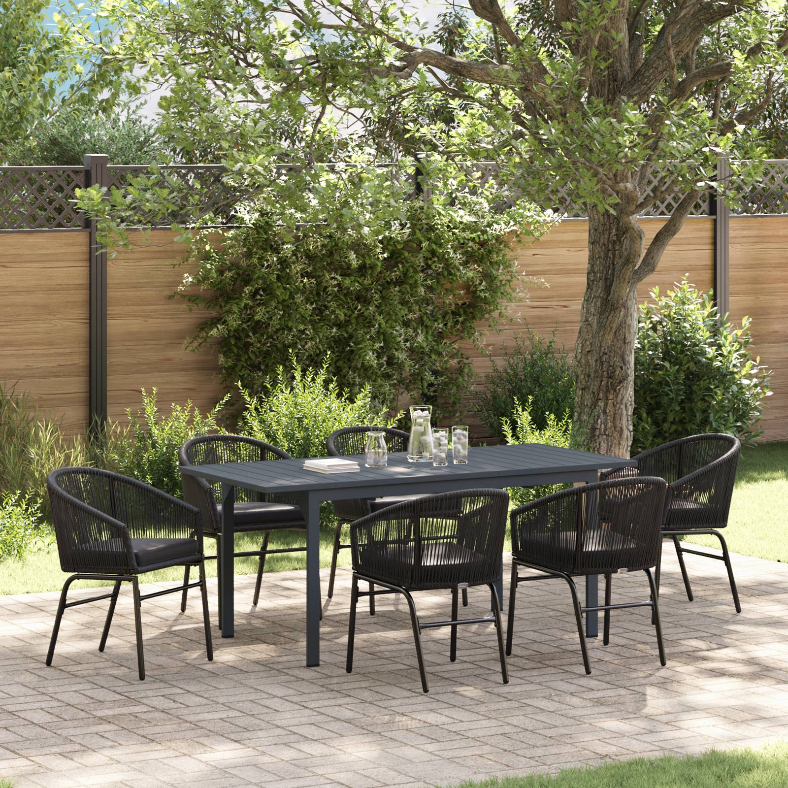 vidaXL 7-teiliges Garten Essgruppen Set mit Kissen Schwarz Poly Rattan