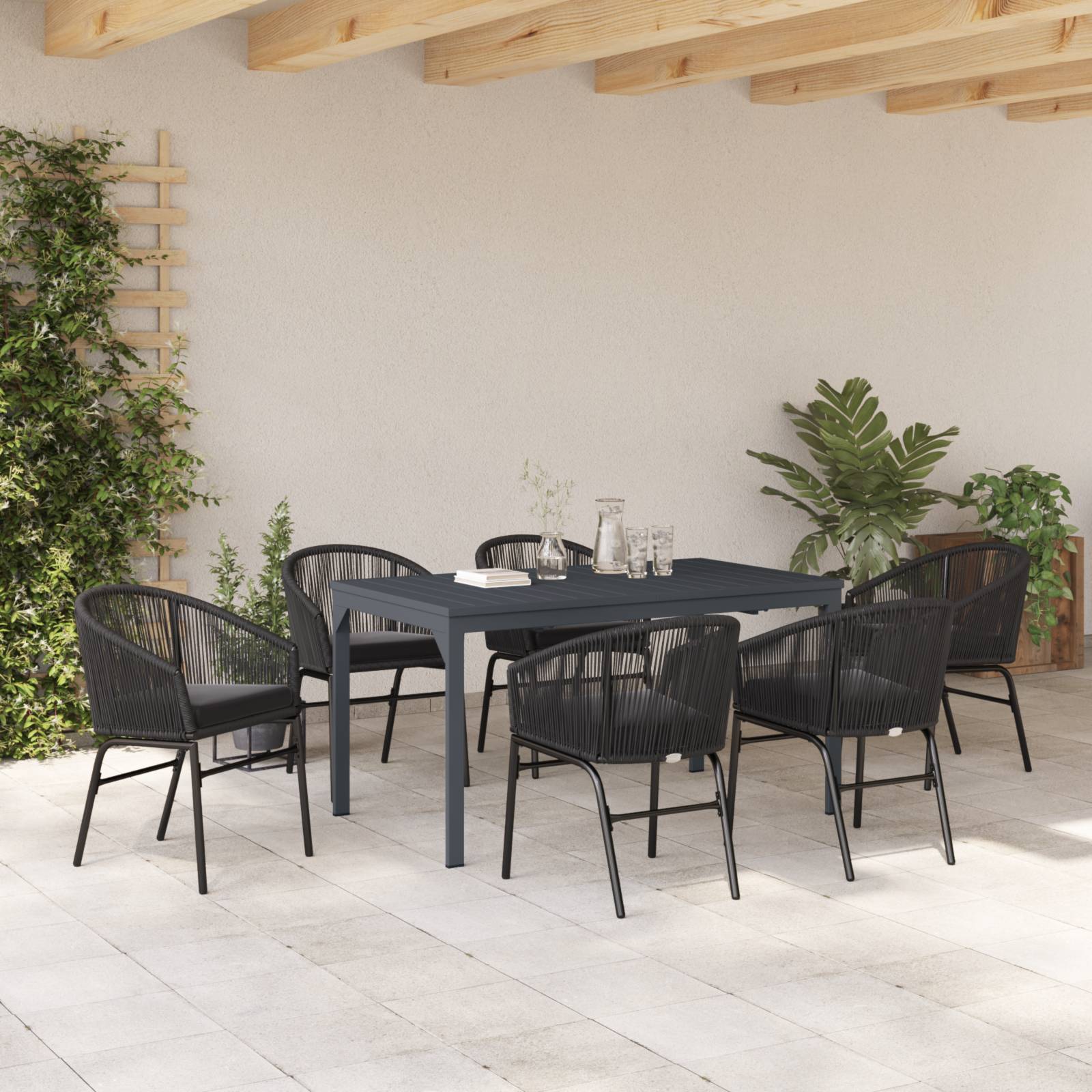 vidaXL 7-teiliges Garten Essgruppen Set mit Kissen Schwarz Poly Rattan