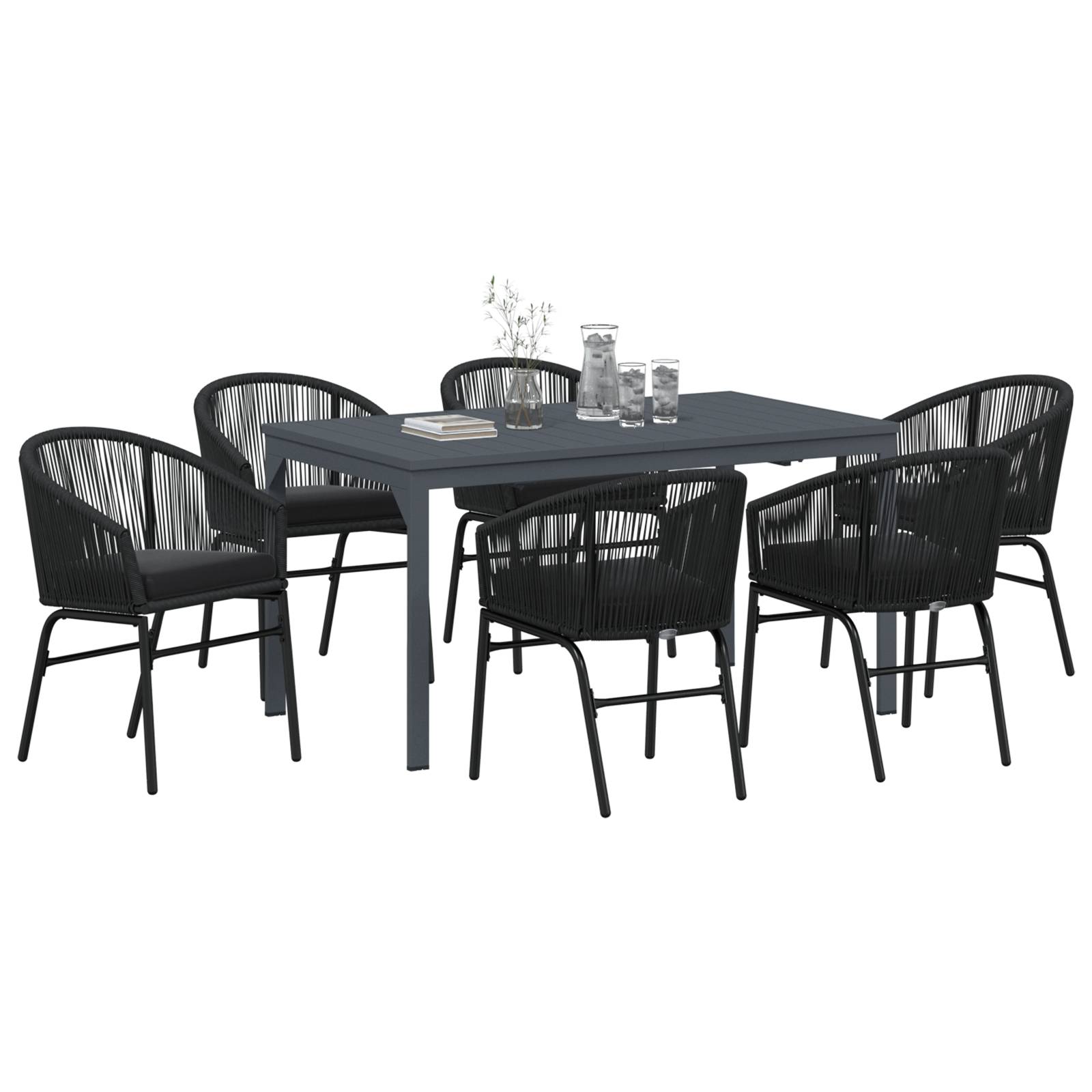 vidaXL 7-teiliges Garten Essgruppen Set mit Kissen Schwarz Poly Rattan