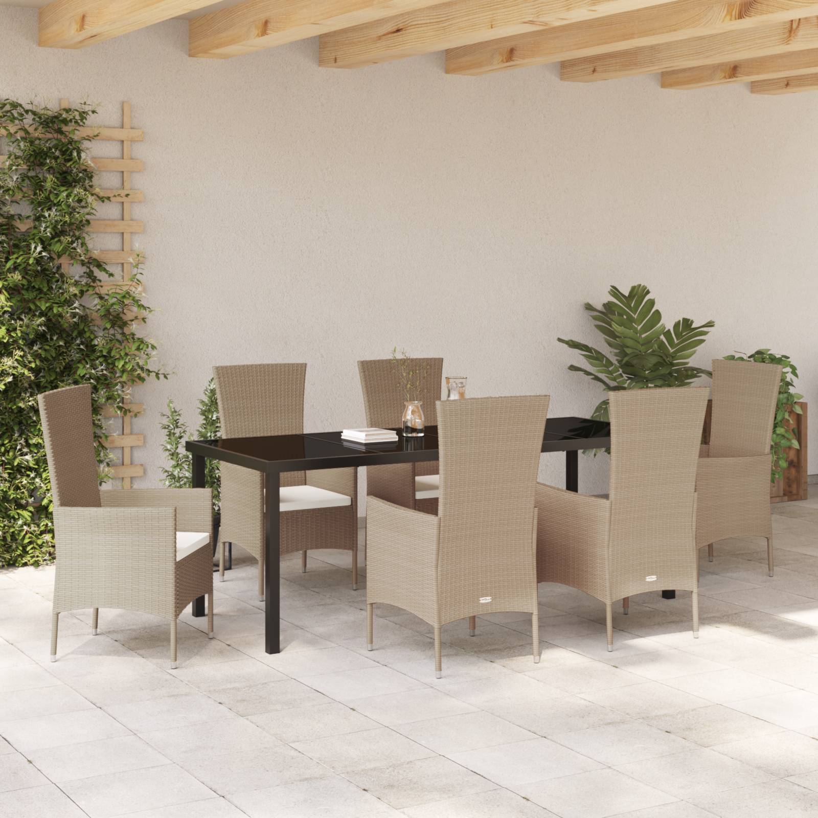 vidaXL 7-teiliges Garten Essset mit Kissen Beige Poly Rattan