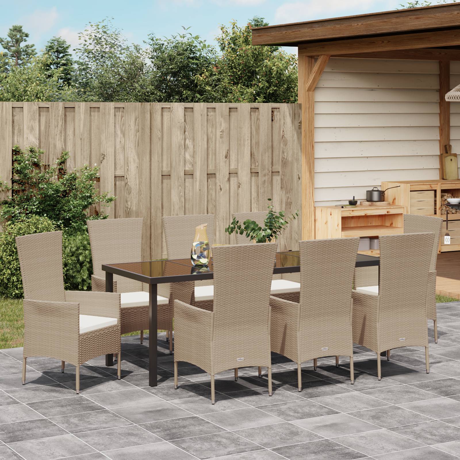 vidaXL 9-teilige Garten Essgruppe mit Kissen Beige Poly Rattan