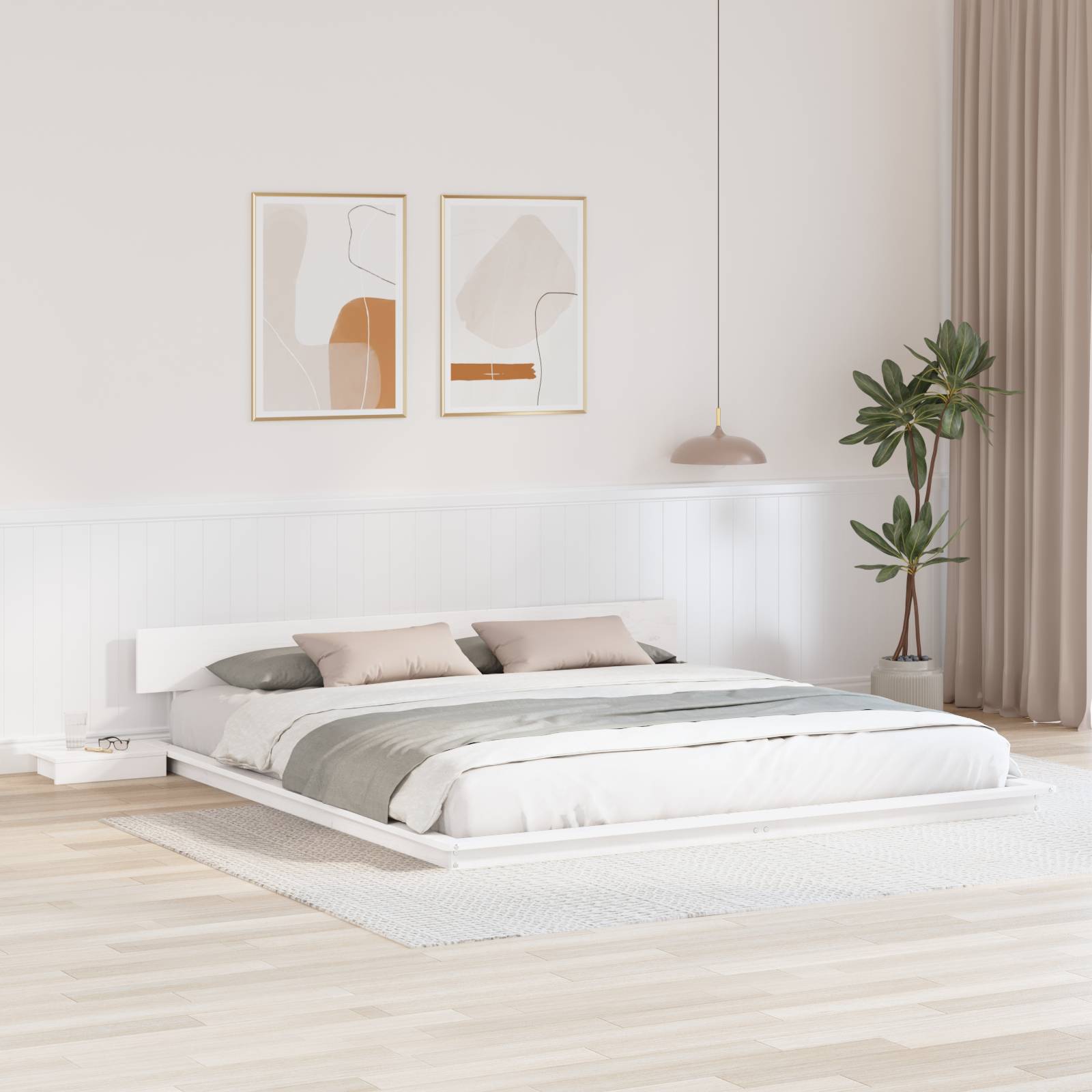 vidaXL Bodenbettgestell mit Nachttischen Weiß 200x200cm Massivholz