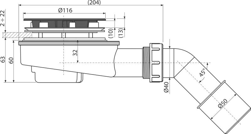 Alcadrain A492Black Ablaufgarnitur für die Duschwannen mit dicken Wänden, schwarz-matt Ø 90