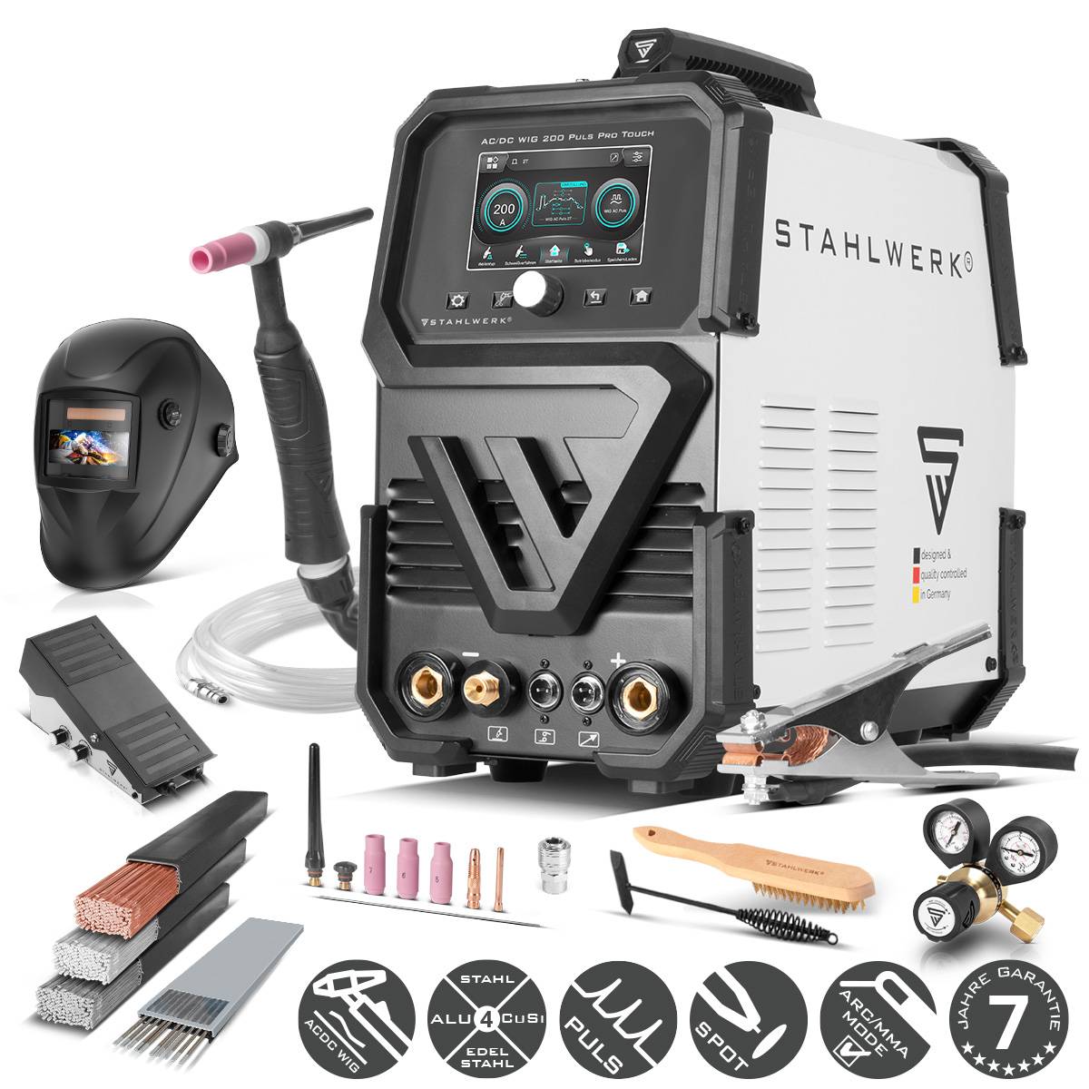 STAHLWERK Schutzgas-Schweißgerät AC/DC WIG 200 Puls Pro Touch Vollausstattung