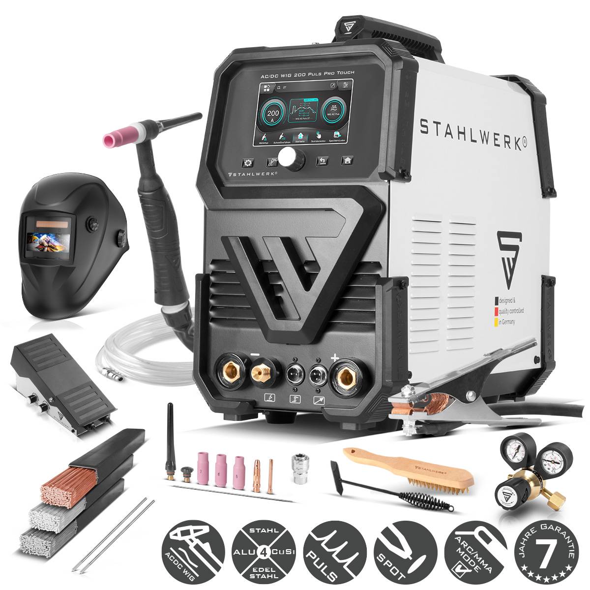 STAHLWERK Schutzgas-Schweißgerät AC/DC WIG 200 Puls Pro Touch Vollausstattung