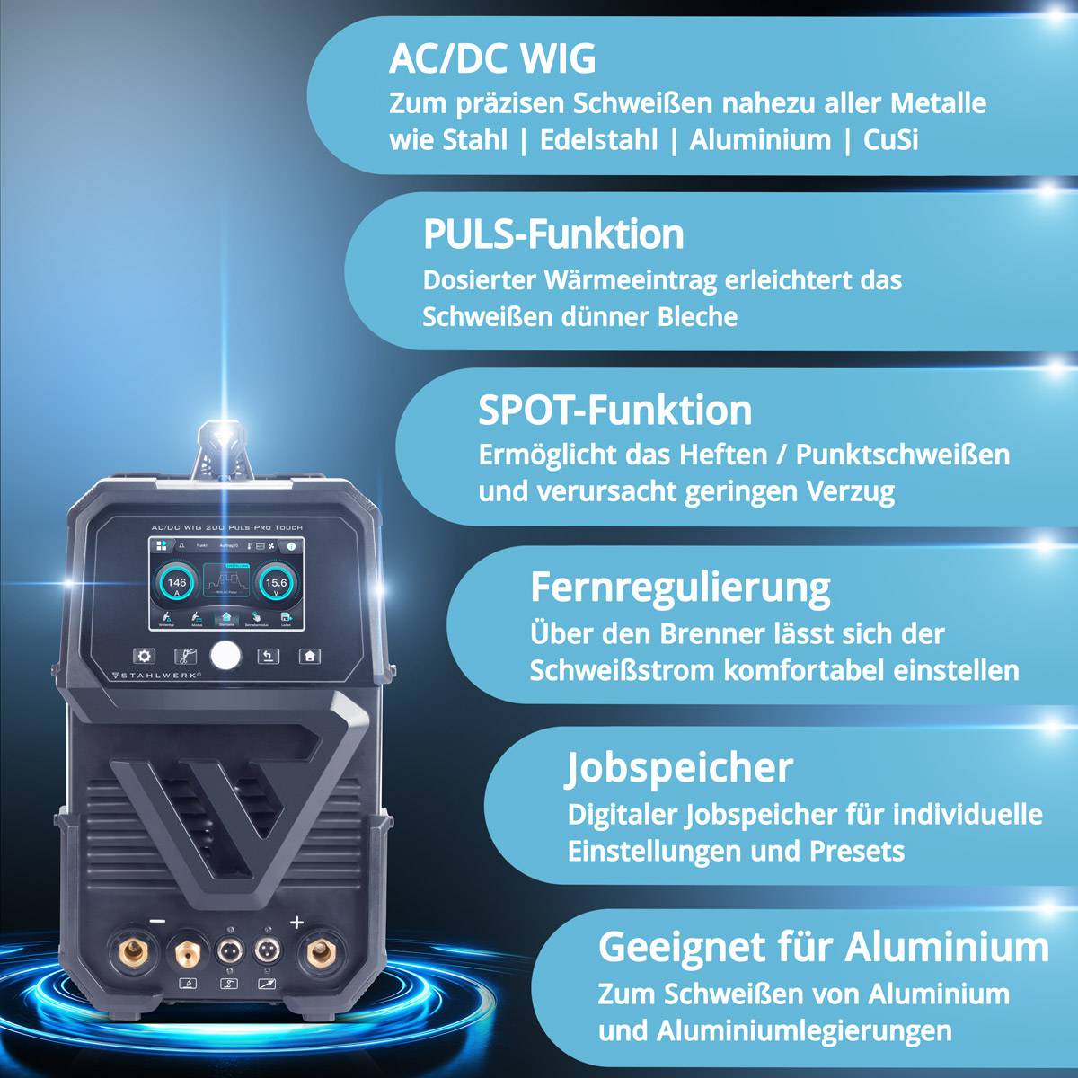 STAHLWERK Schutzgas-Schweißgerät AC/DC WIG 200 Puls Pro Touch Vollausstattung