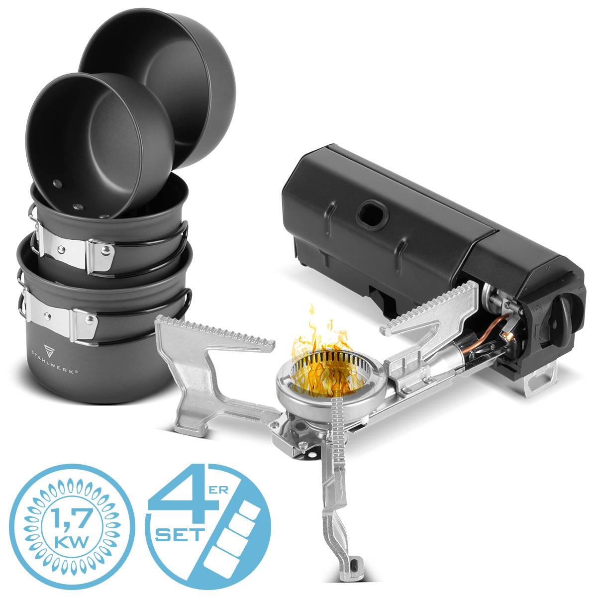 STAHLWERK Outdoor-Koch-und-Campingset Campingkocher Camping Kochtopf-Set 4-tlg.