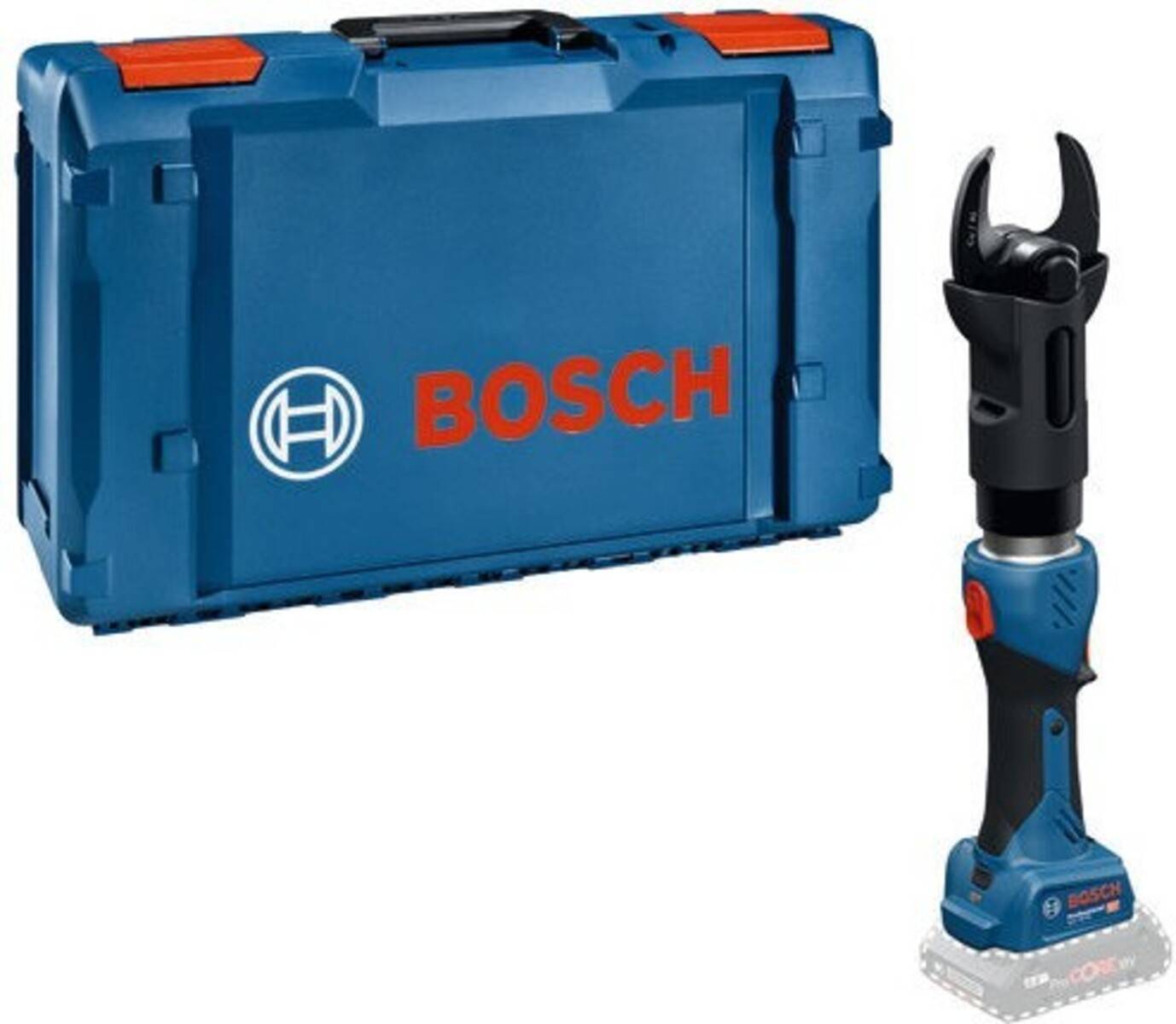 Bosch Akku-Hydraulikschneider mit Transportkoffer, aufrecht neben einer blauen Werkzeugkiste dargestellt.