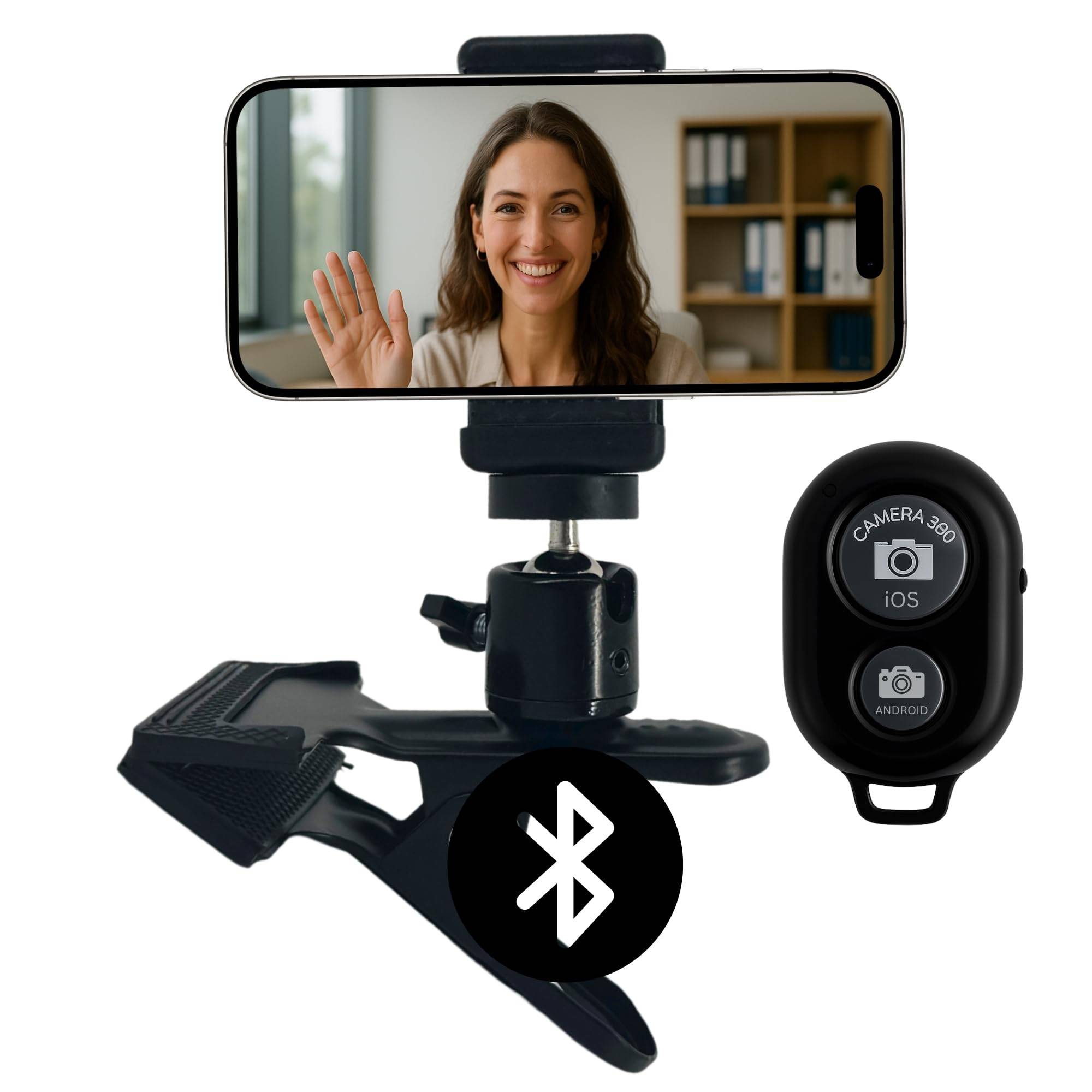 Handy Halterung + Selbstauslöser Tischhalterung Smartphone Klemmstativ Tisch Klemme mit Kugelkopf für iPhone Handys Smartphones Halter Schreibtischh