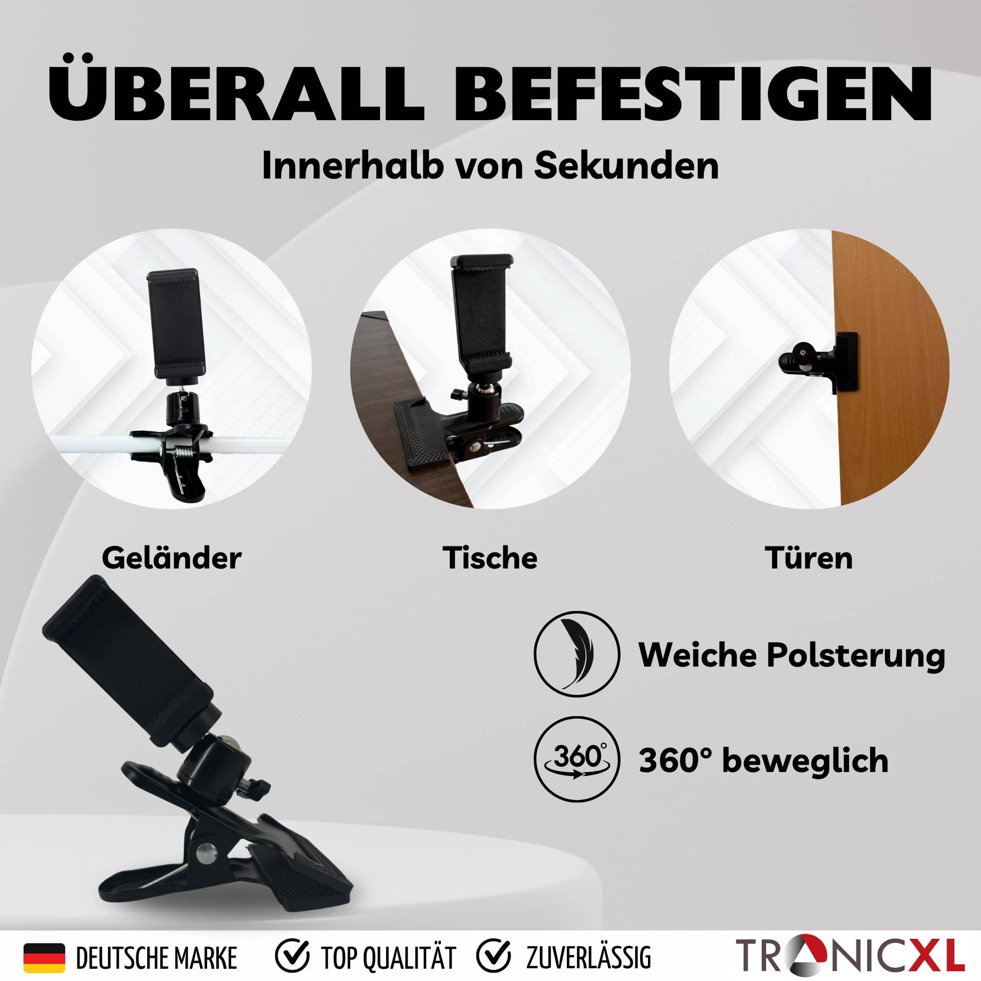 Handy Halterung + Selbstauslöser Tischhalterung Smartphone Klemmstativ Tisch Klemme mit Kugelkopf für iPhone Handys Smartphones Halter Schreibtischh