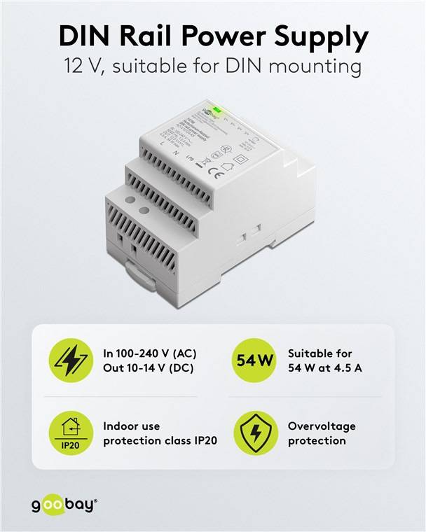 12-V-Stromversorgung zur DIN-Montage; Eingang 100-240 V AC/10-14 V DC; Ausgang 54 W bei 4,5 A; Schutzart IP20; Überspannungsschutz.