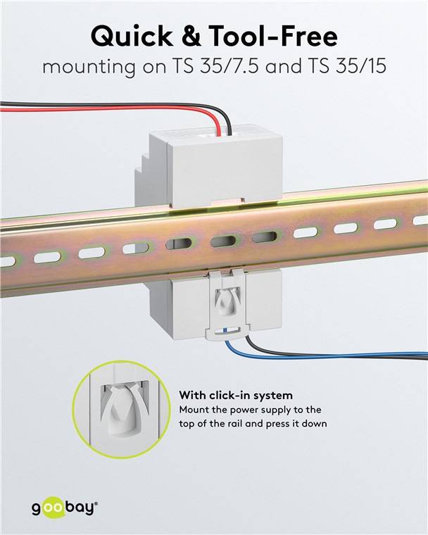 Stromversorgungseinheiten auf einer TS-35-Schiene mit Klicksystem montiert; Anleitung zum Herunterdrücken zur Sicherung.