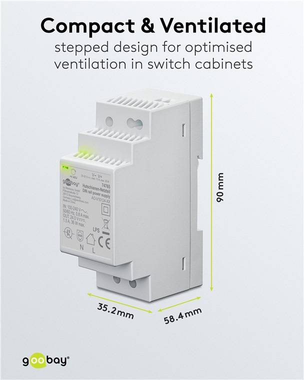 Ein graues elektronisches Gerät mit gestuftem Design, mit beschrifteten Abmessungen: 58,4 mm Breite, 90 mm Höhe, 35,7 mm Tiefe, für Schaltschränke.