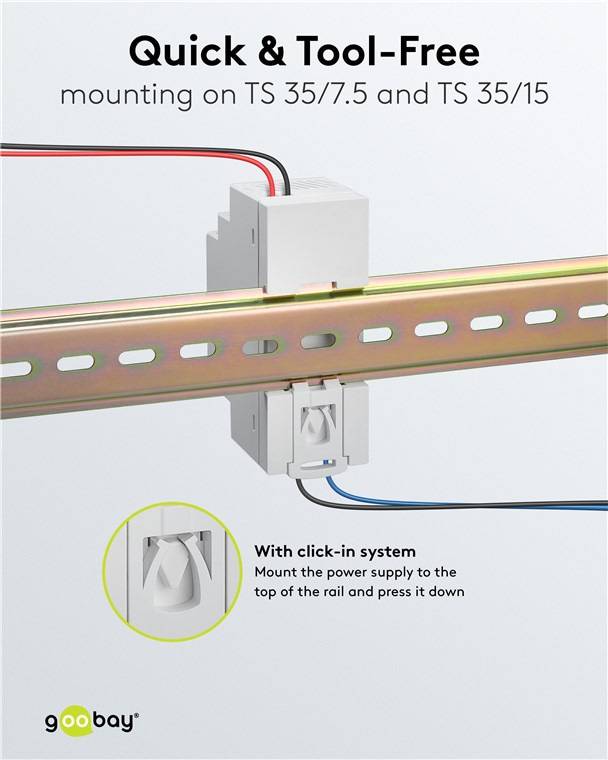 Ein Gerät, das auf einer metallischen Schiene montiert ist, mit Beschreibungen: „Montieren Sie das Netzteil oben auf der Schiene und drücken Sie es herunter