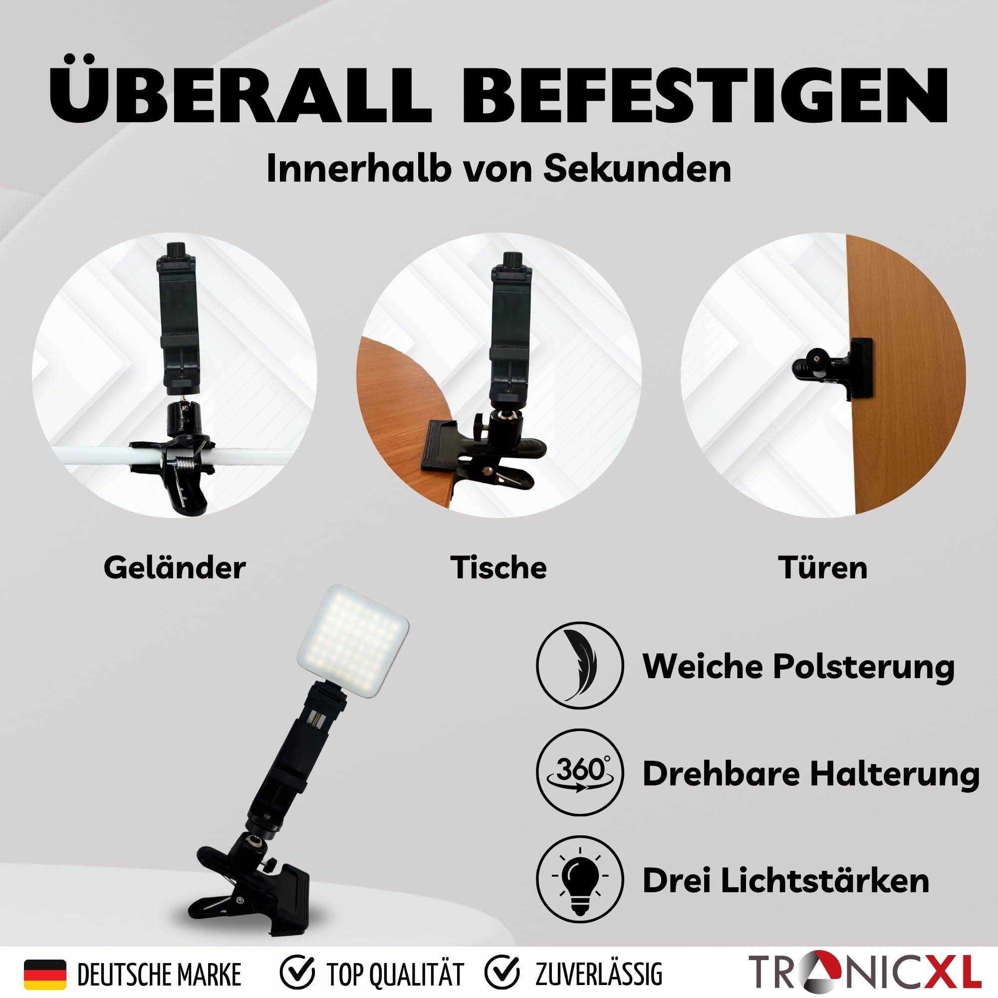 Smartphone Halterung Tisch drehbar + LED Lampe Videoleuchte Klemmstativ Tischklemme Tischständer