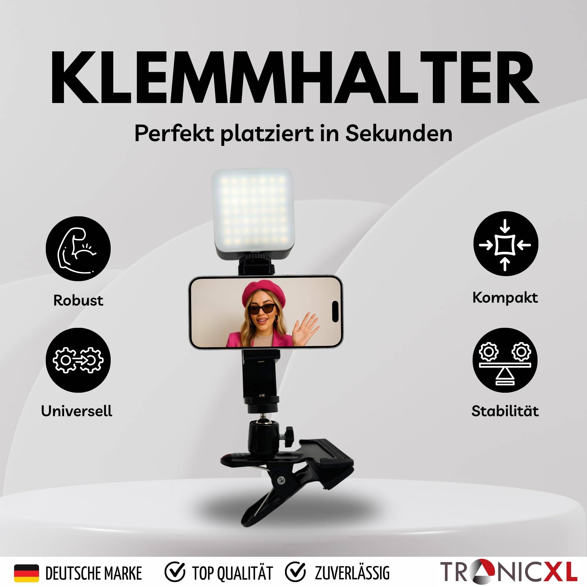 Smartphone Halterung Tisch drehbar + LED Lampe Videoleuchte Klemmstativ Tischklemme Tischständer