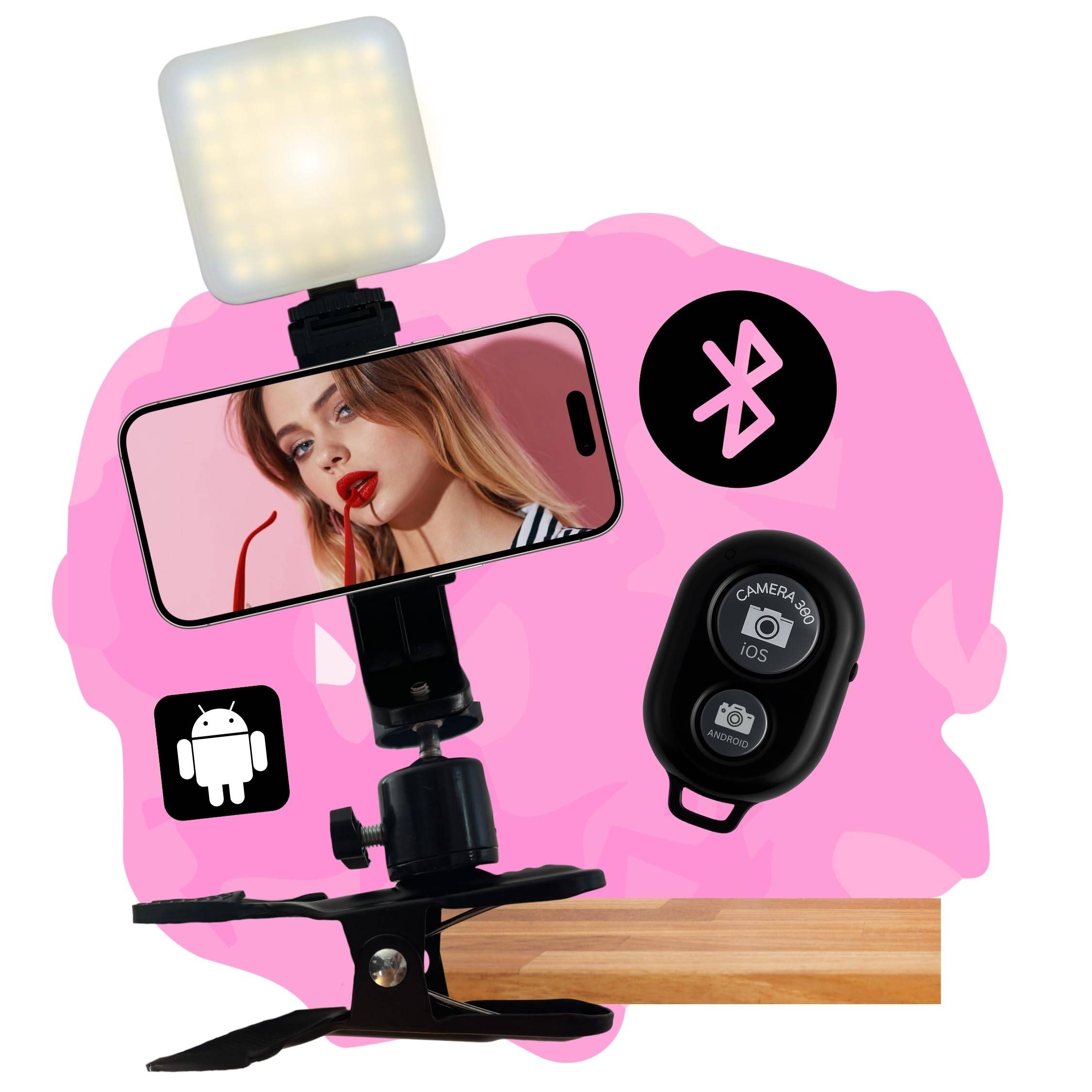 Tischhalterung Smartphone mit Selfie Auslöser und LED Lampe Klemmstativ Klemme Klemmhalterung Halterung für iPhone Handy