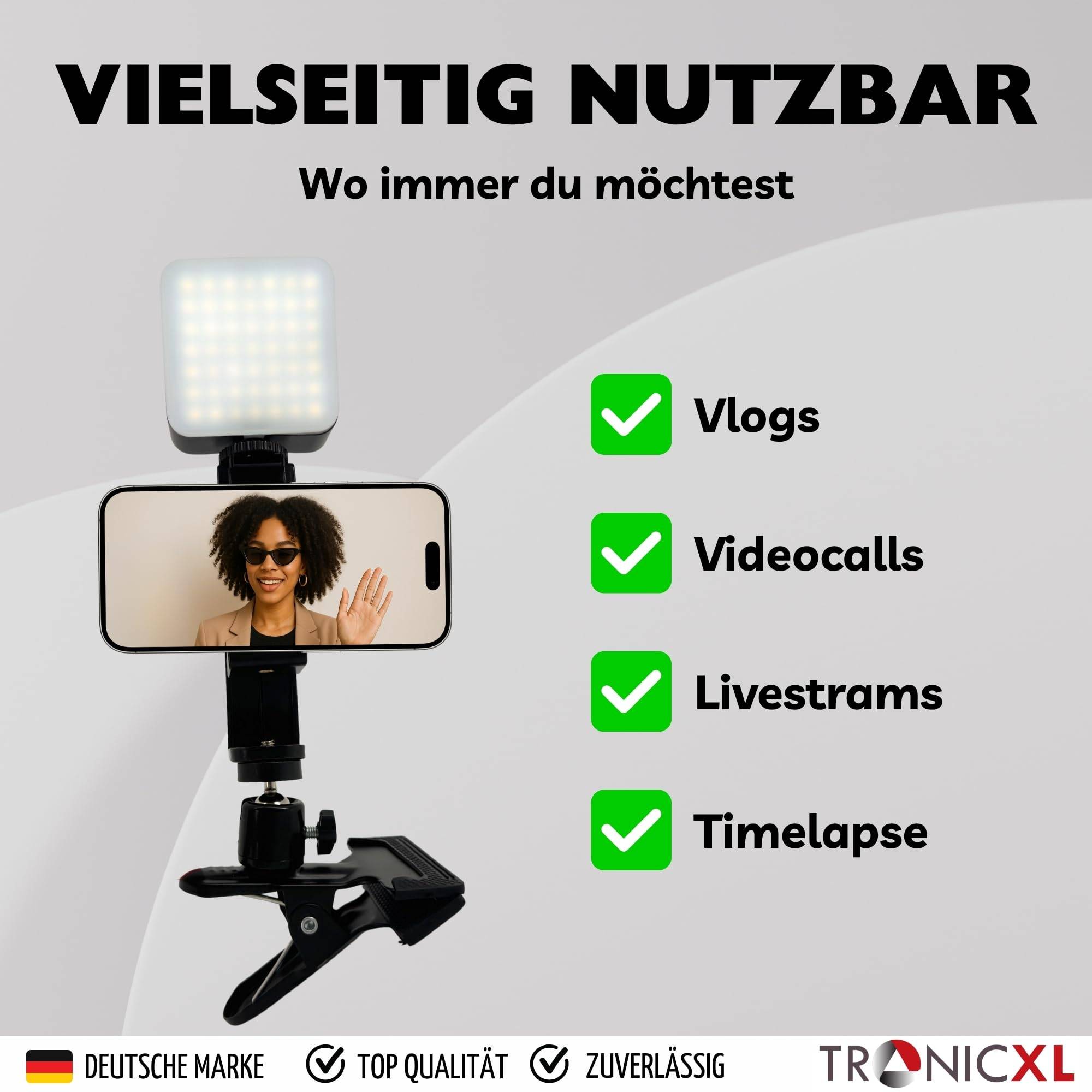 Tischhalterung Smartphone mit Selfie Auslöser und LED Lampe Klemmstativ Klemme Klemmhalterung Halterung für iPhone Handy